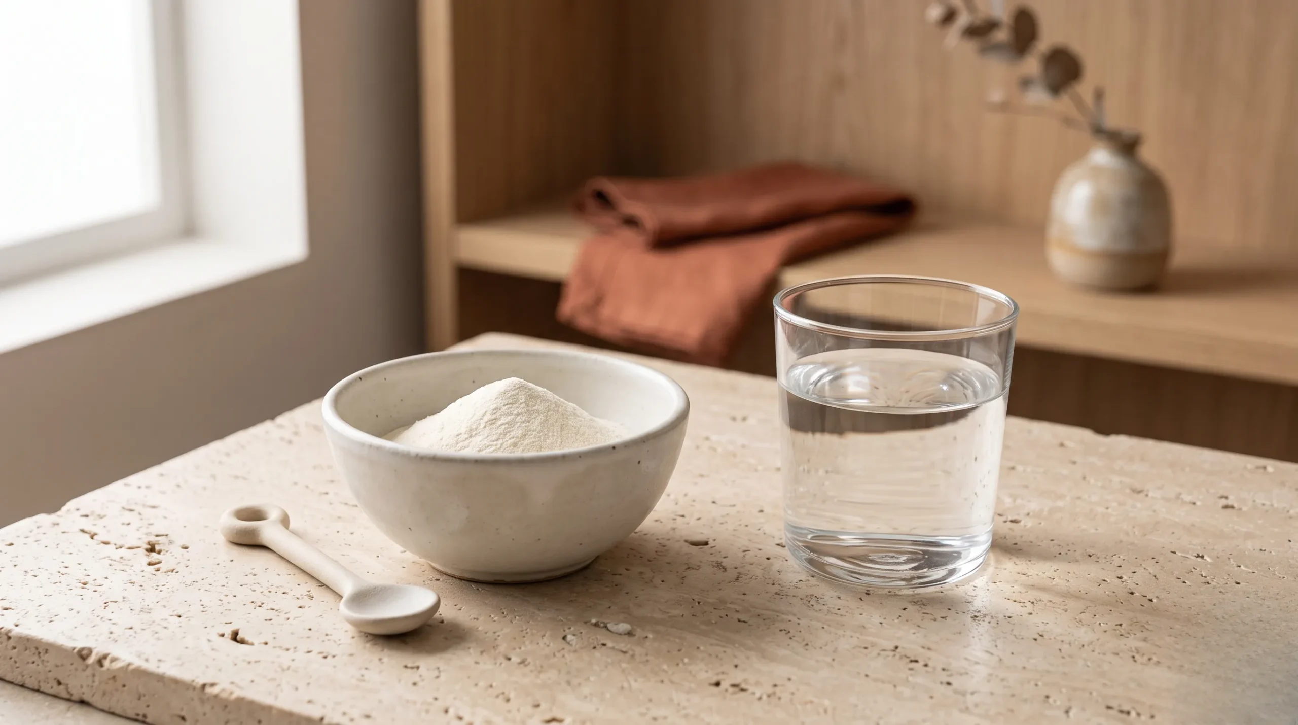 a quoi sert la creatine : Complément nutritionnel pur dans un bol en céramique minimaliste sur fond de pierre naturelle.