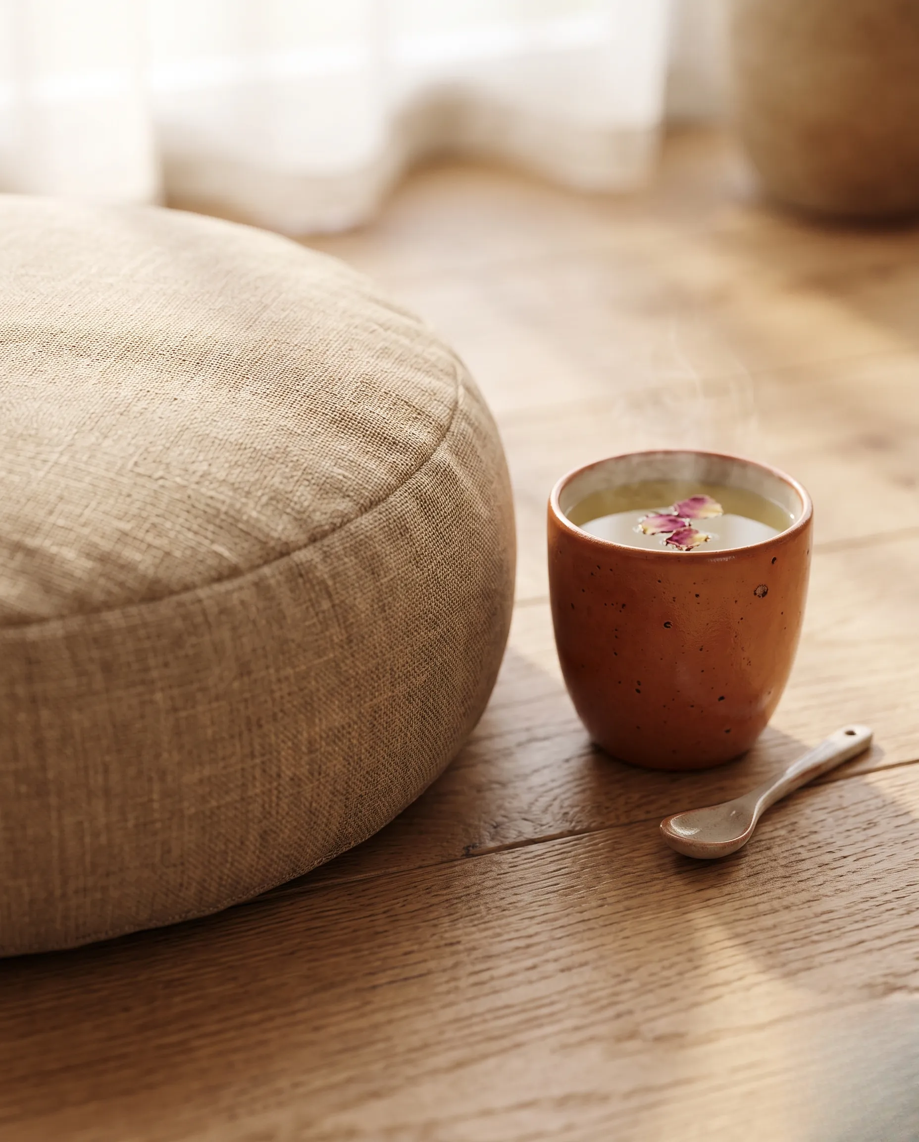 Coussin de méditation en lin et tasse en céramique, ambiance zen et bien-être à la maison.