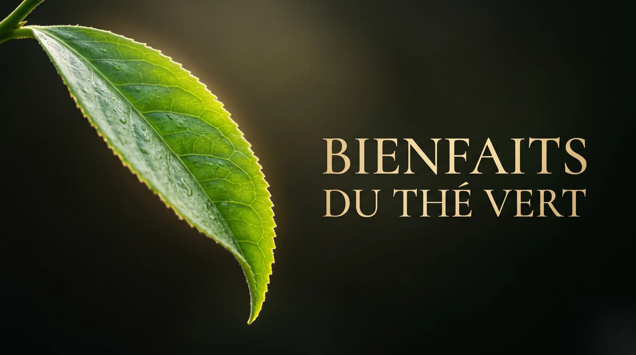 Gros plan sur une feuille de thé avec titre éditorial.