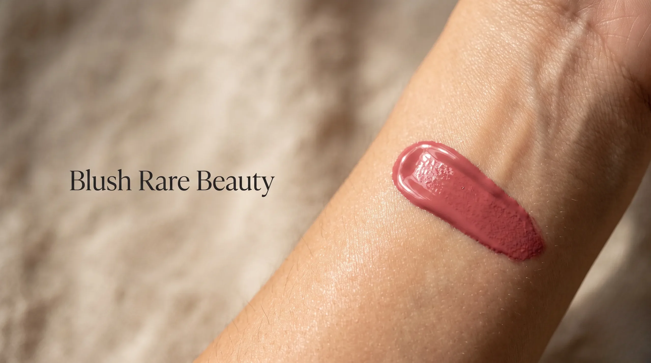 Swatch de blush Rare Beauty avec texte de titre éditorial.