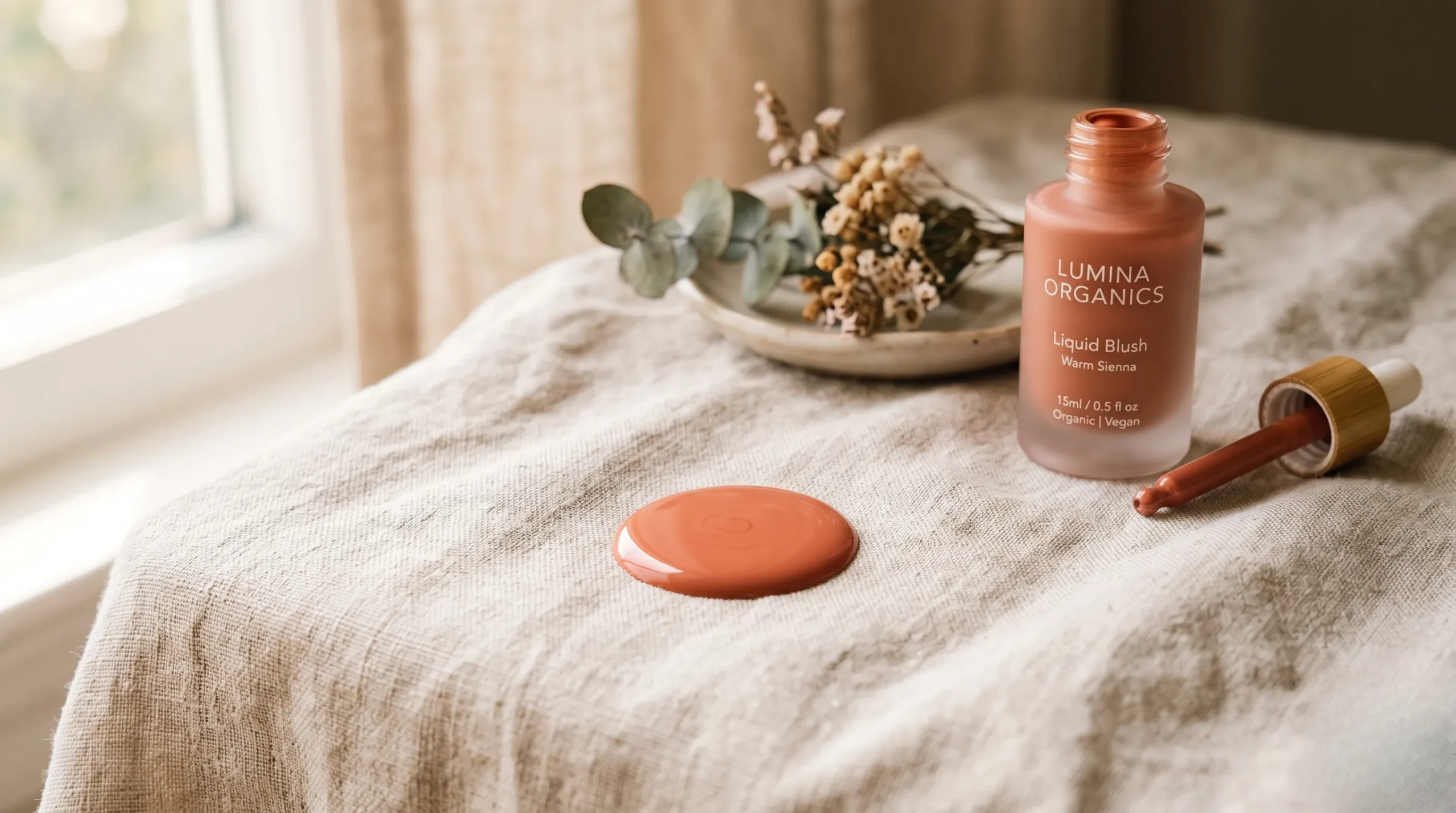 Goutte de blush Rare Beauty dans une ambiance lumineuse et organique. Blush rare beauty