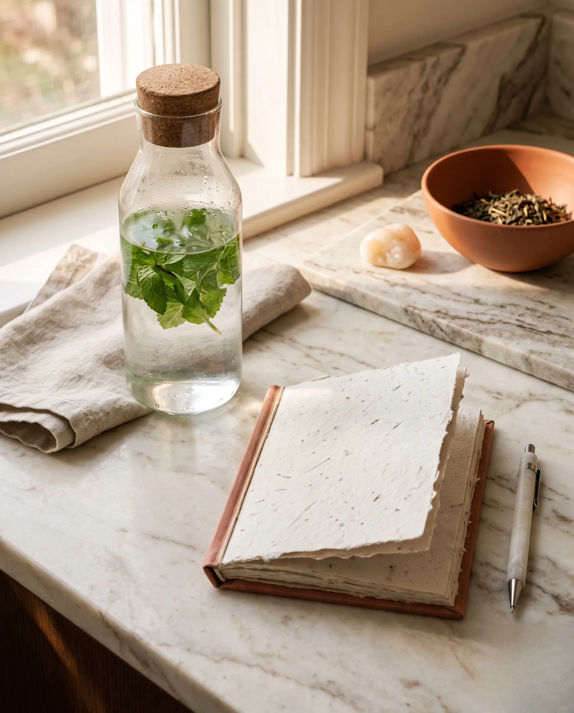 Nature morte élégante avec une bouteille d'eau fraîche et un carnet sur fond de marbre clair.