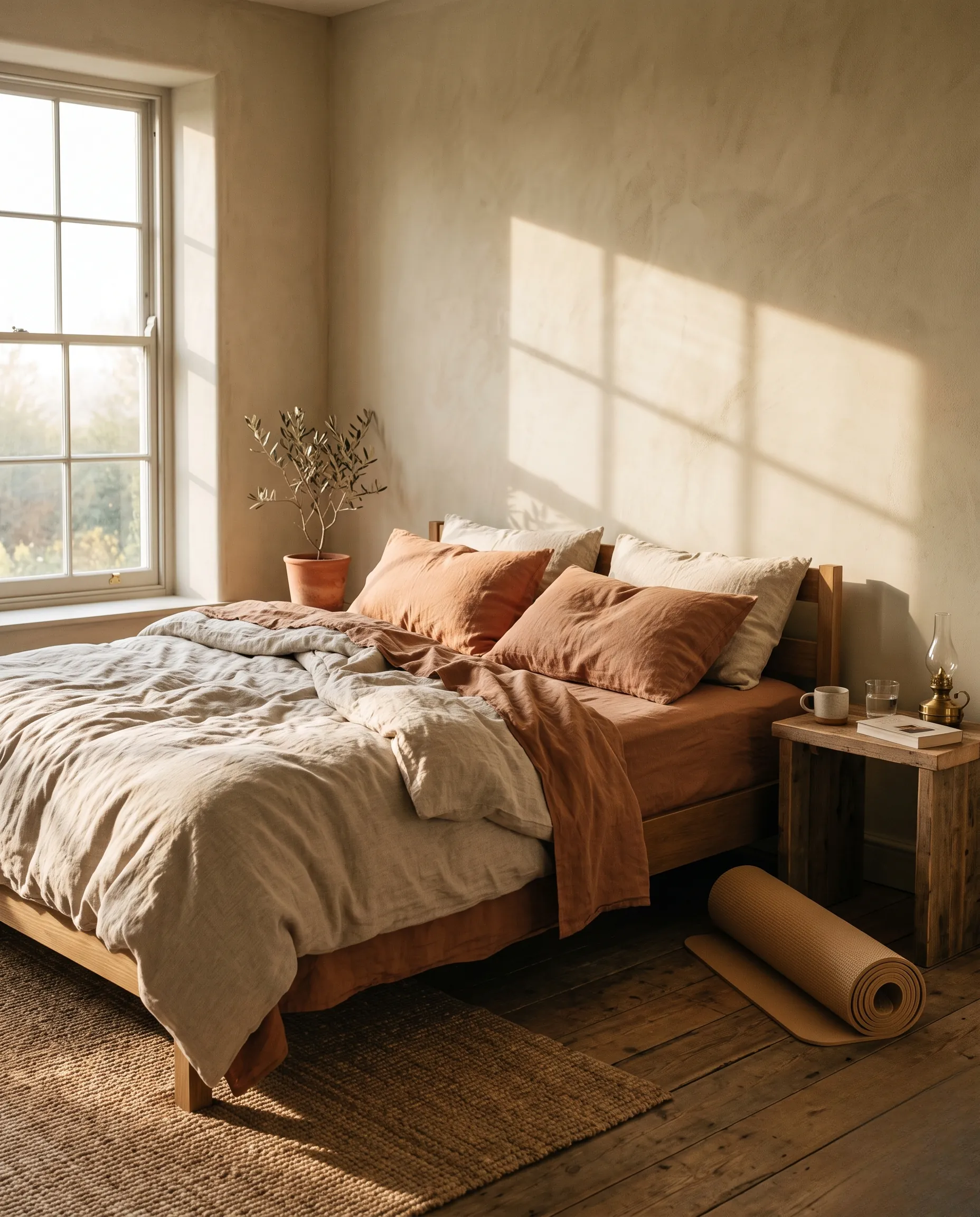 Ambiance apaisante d'une chambre minimaliste baignée de lumière naturelle avec un tapis de yoga prêt à l'emploi.