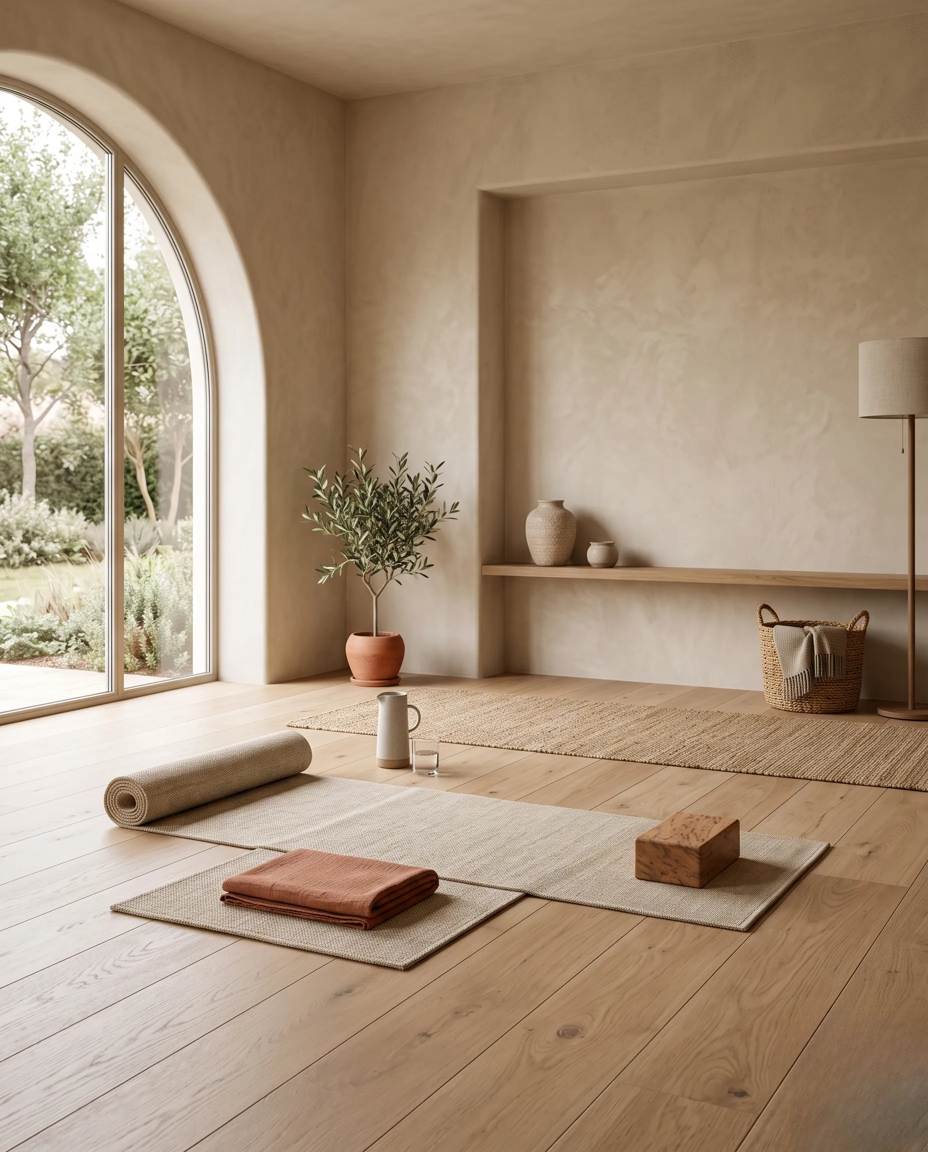 Ambiance générale d'un coin yoga minimaliste et chaleureux aménagé dans une pièce de vie.