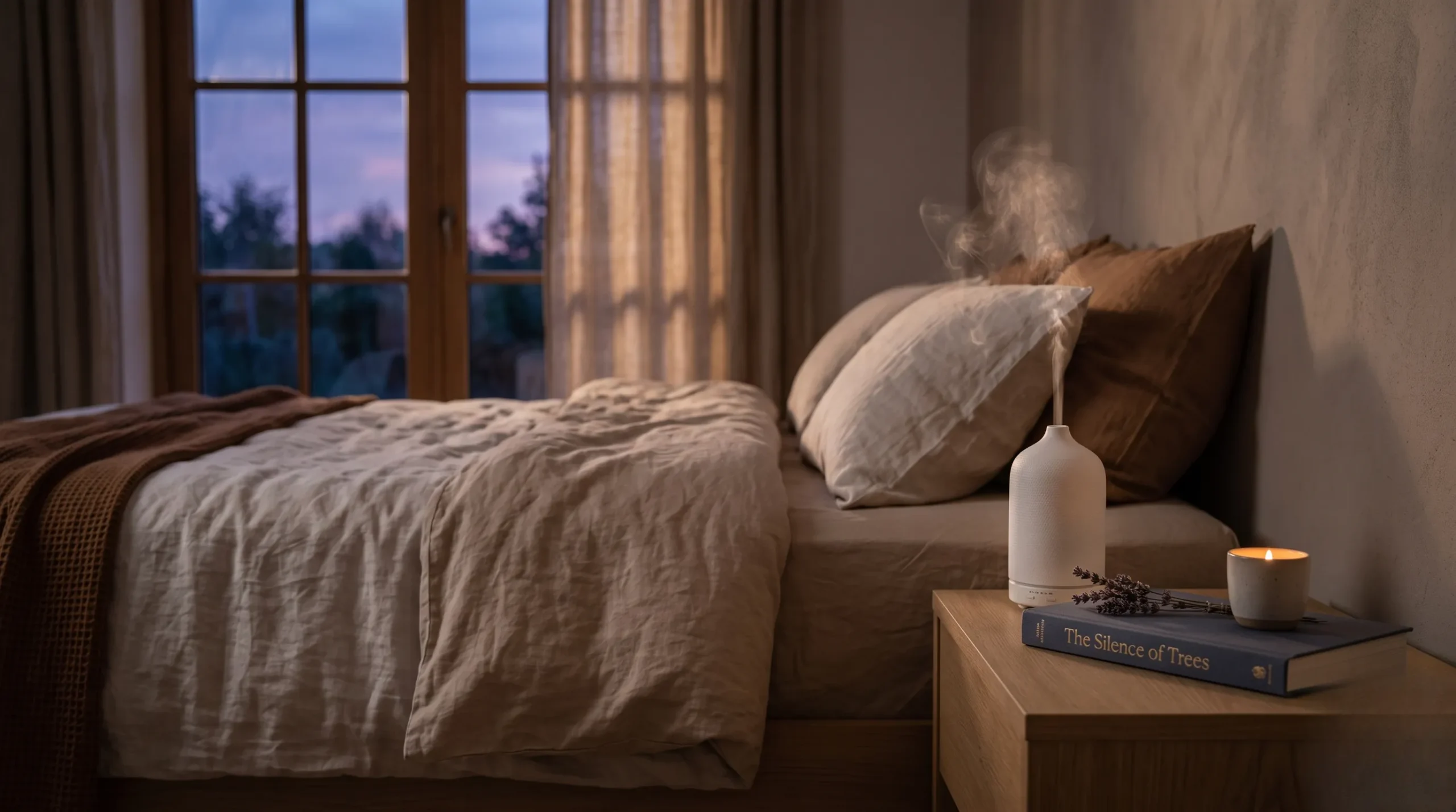 Lit défait en lin blanc et beige dans une ambiance de chambre apaisée au crépuscule.