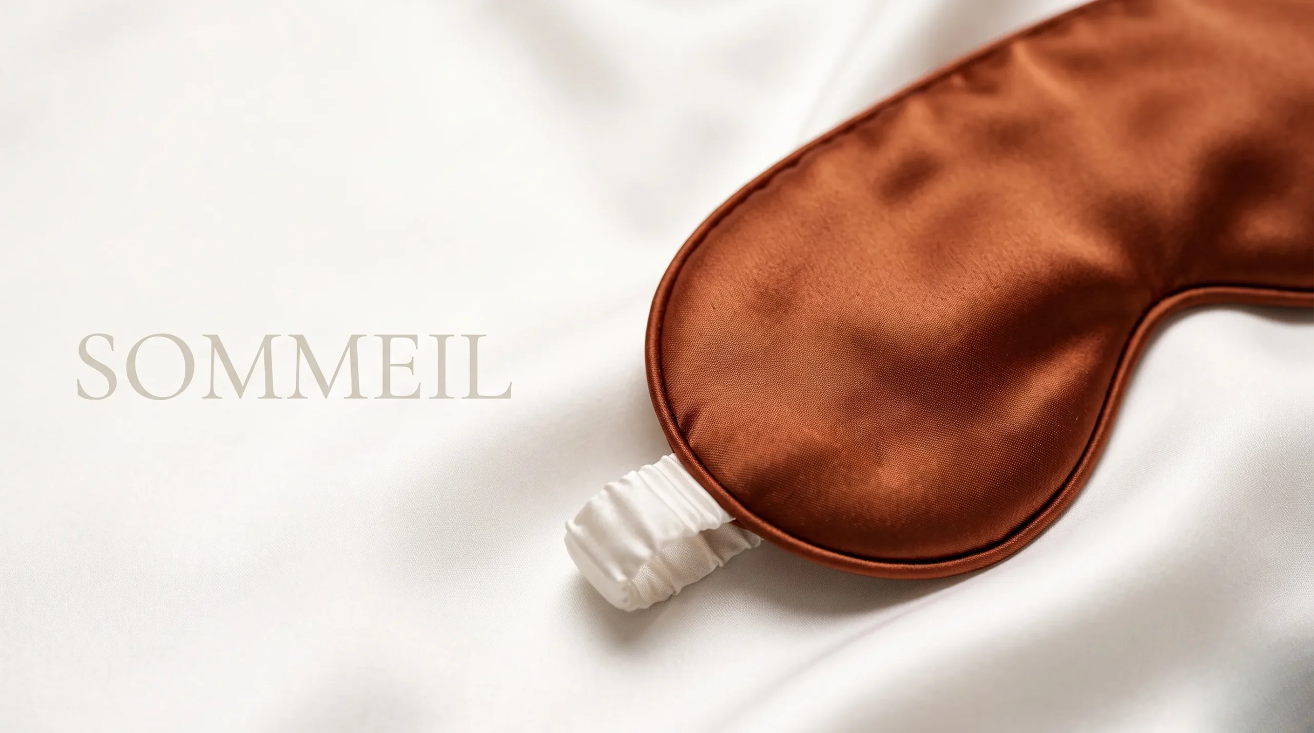 Masque de nuit en soie sur des draps blancs avec espace vide pour le titre de l'article.