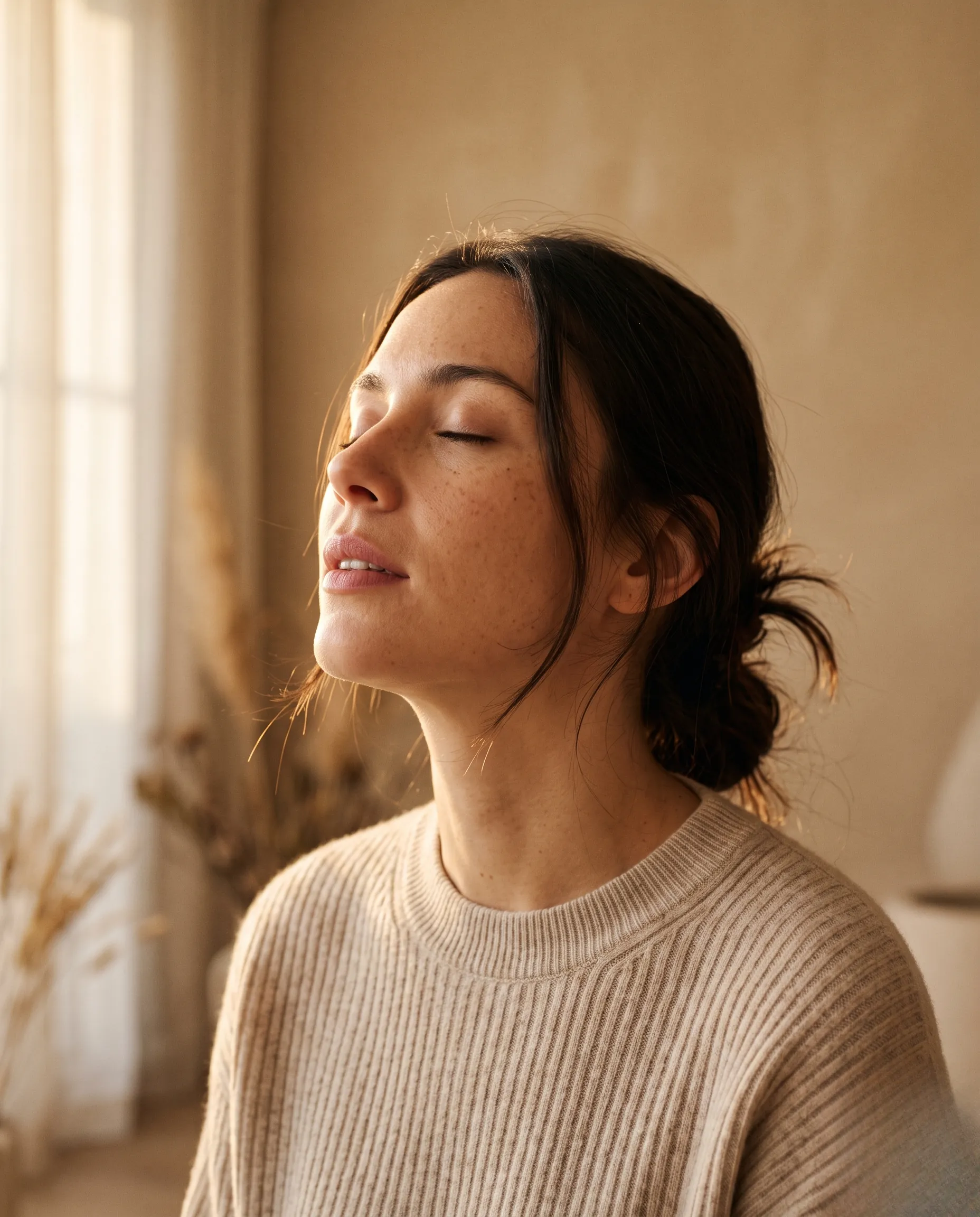 Exercice d'échauffement des chevilles au sol dans un studio de yoga minimaliste à la maison.