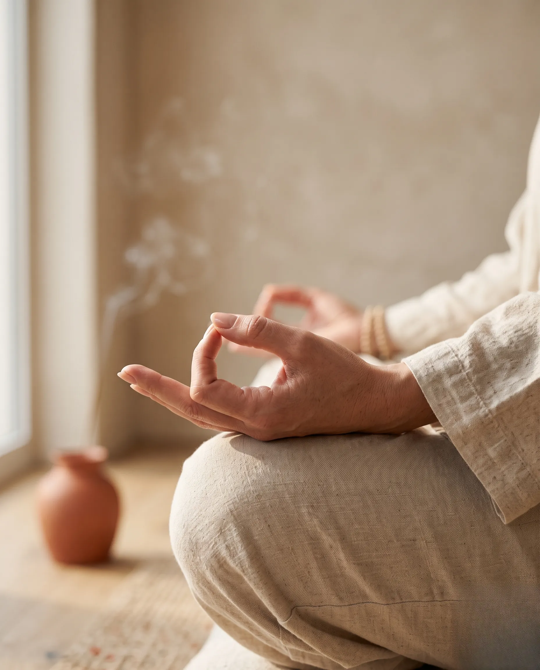 Gros plan sur les mains d'une femme en position de mudra, première étape de la préparation au yoga full lotus chez soi.