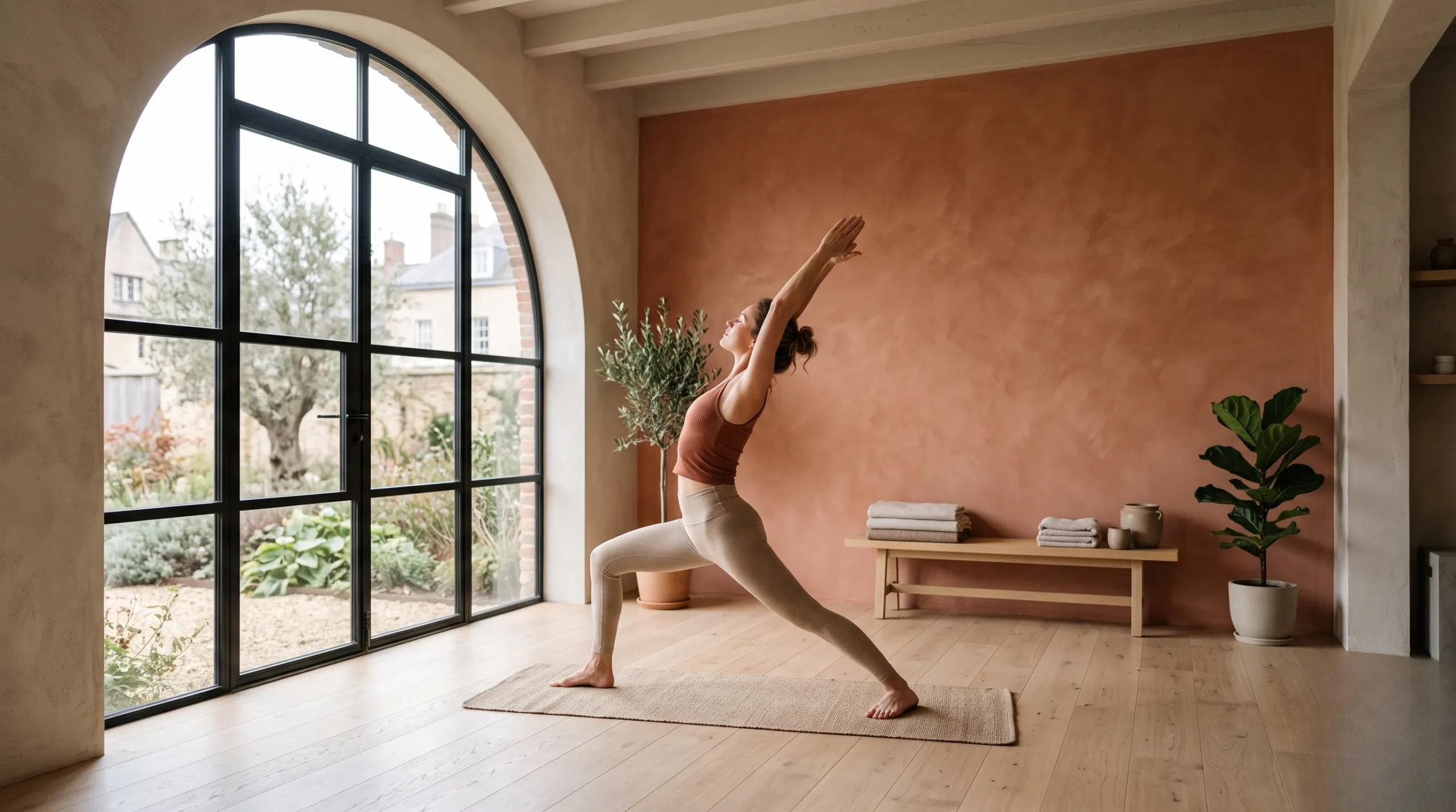 Vue large d'une femme réalisant un mouvement d'ouverture du buste dans un studio de bien-être minimaliste.