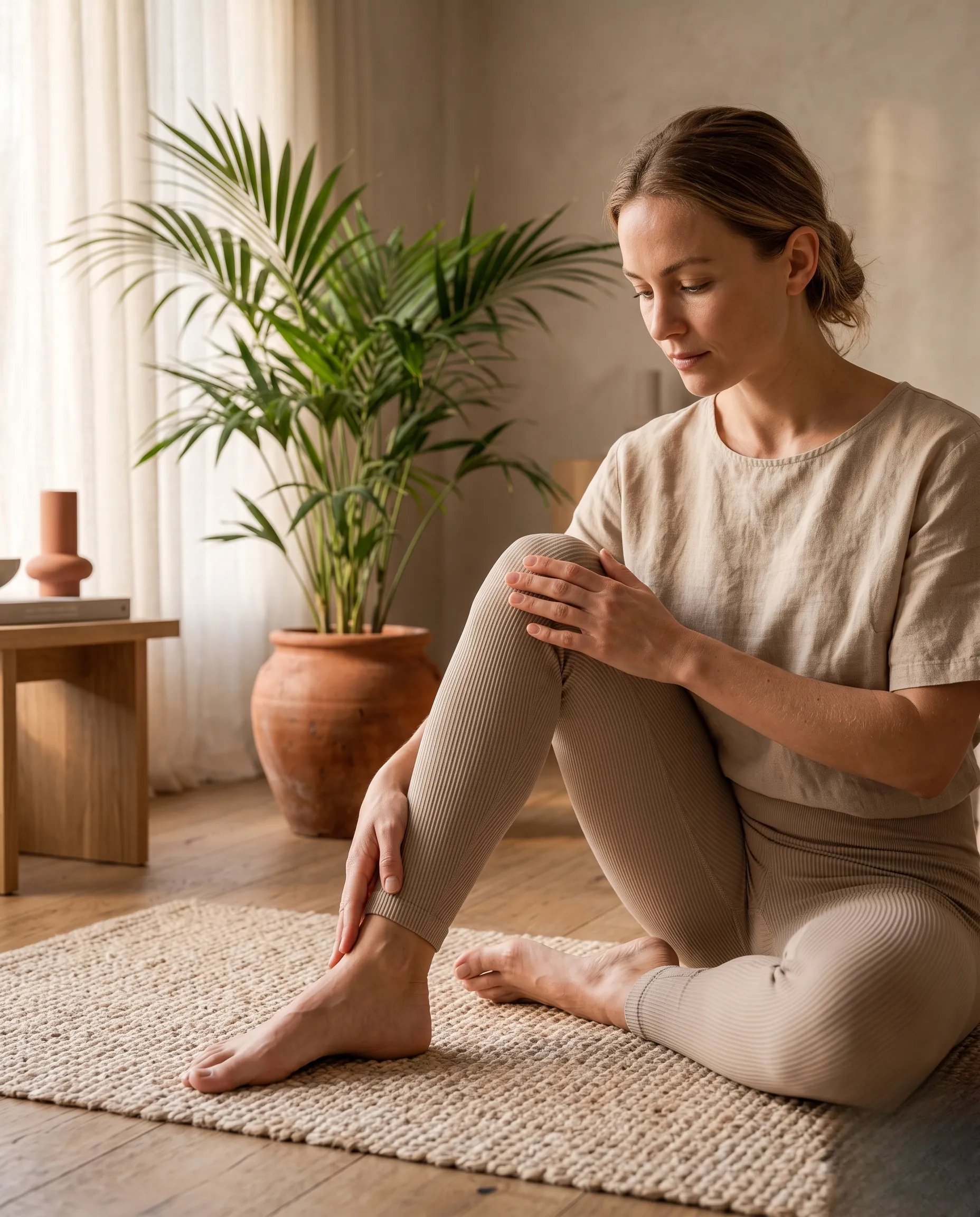 Plan rapproché d'une femme préparant la posture du demi-lotus dans un décor lumineux et épuré.