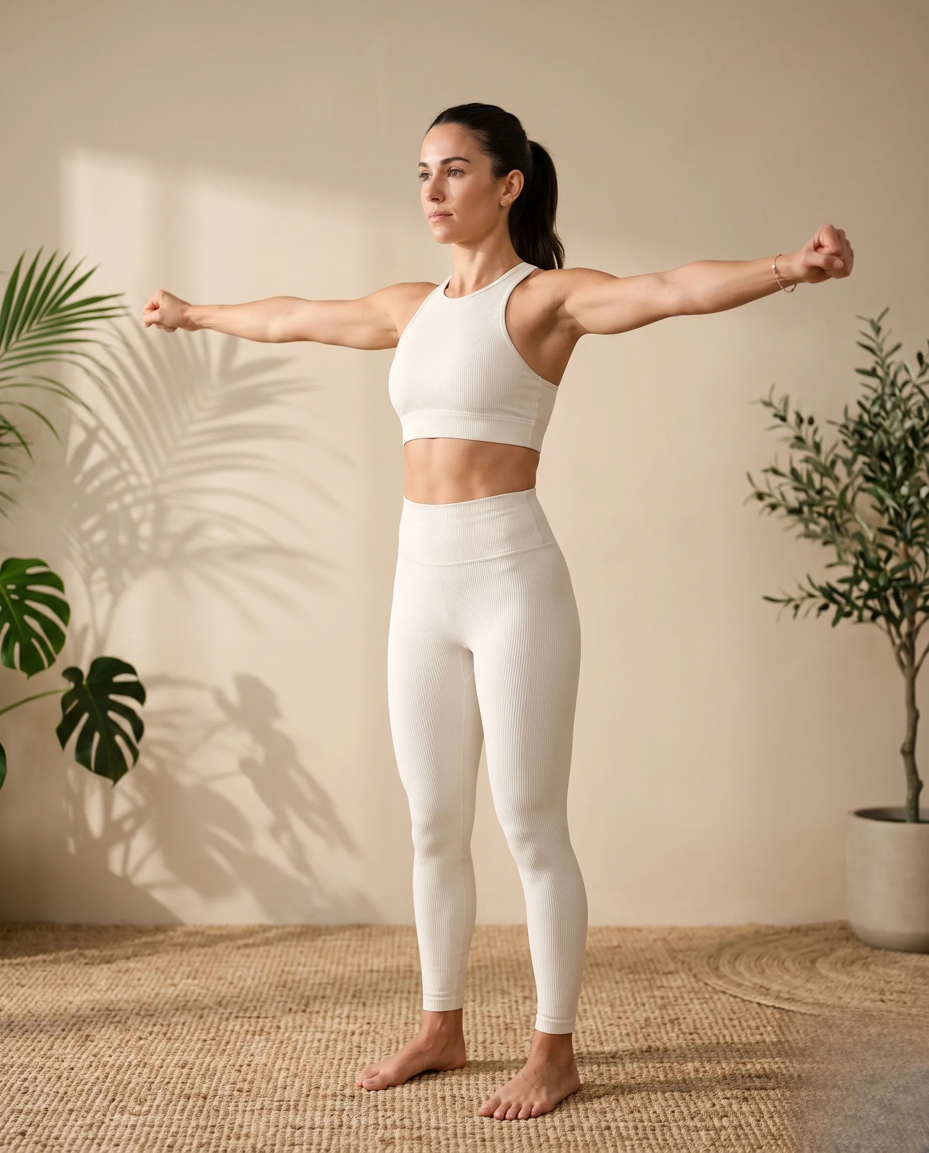 Femme maintenant une posture de renforcement du buste avec concentration dans un décor lumineux.