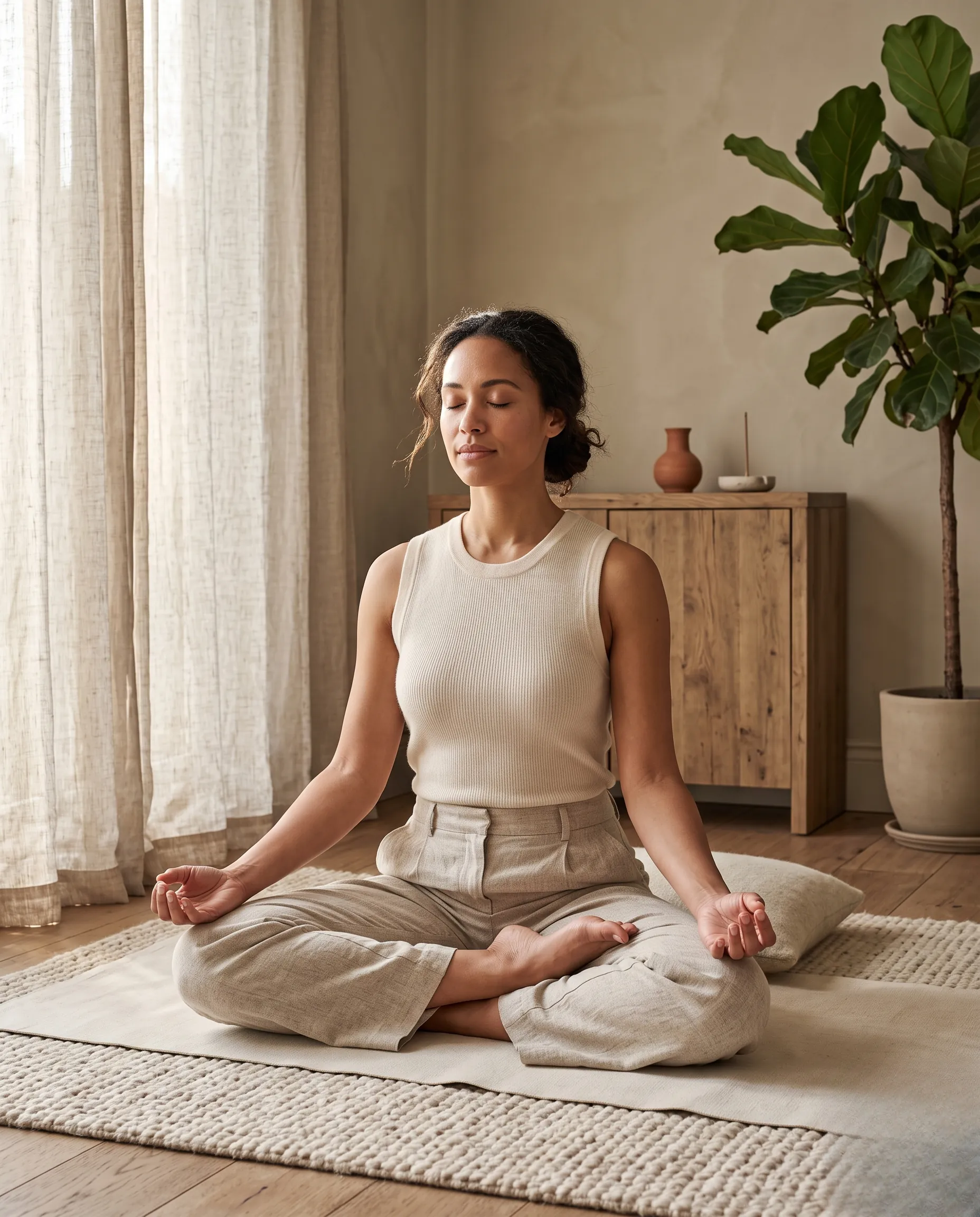 Femme accomplissant la posture finale du full lotus en méditation dans son salon au design épuré.