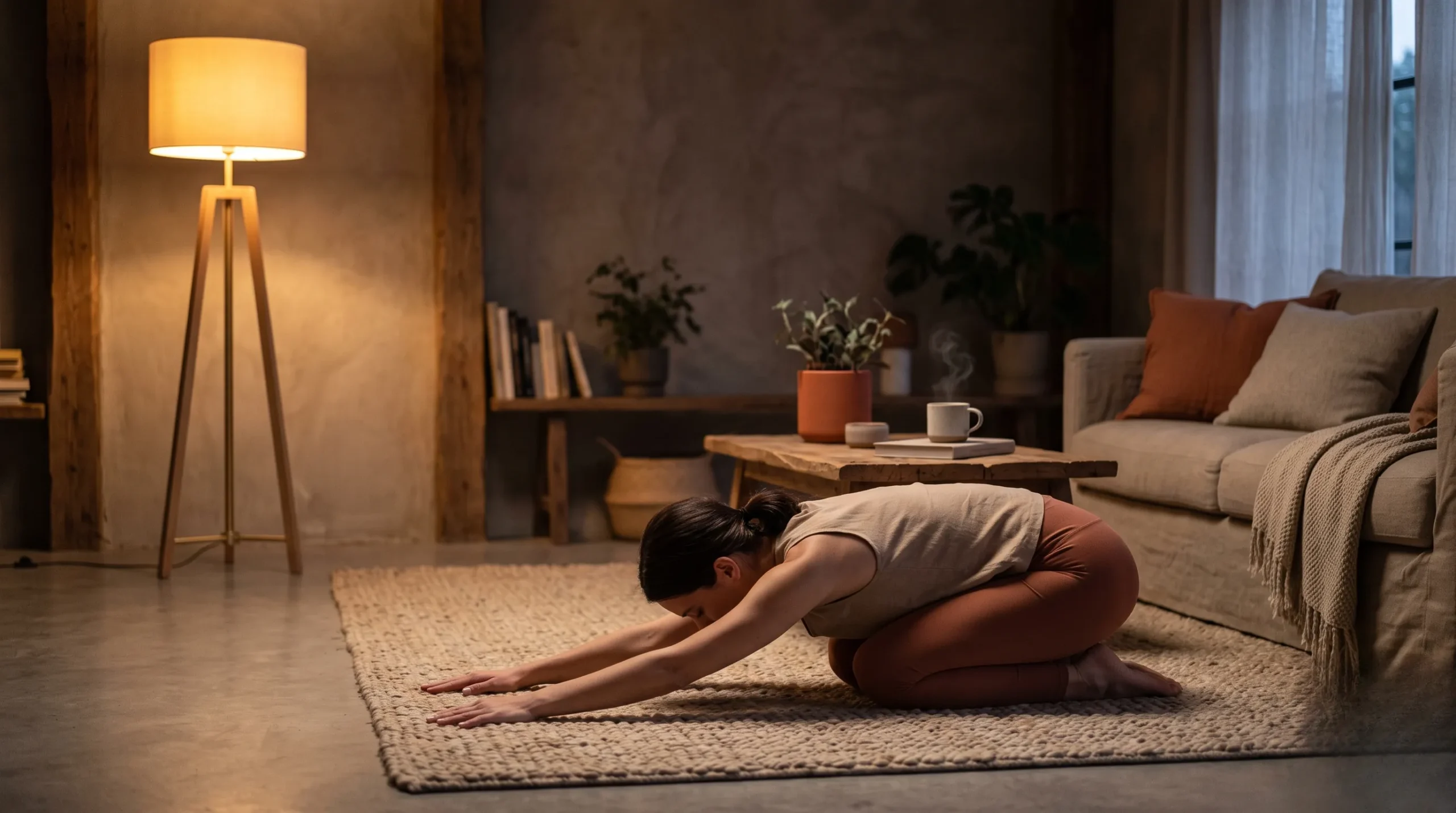 Femme faisant des étirements doux le soir dans un salon chaleureux et tamisé.