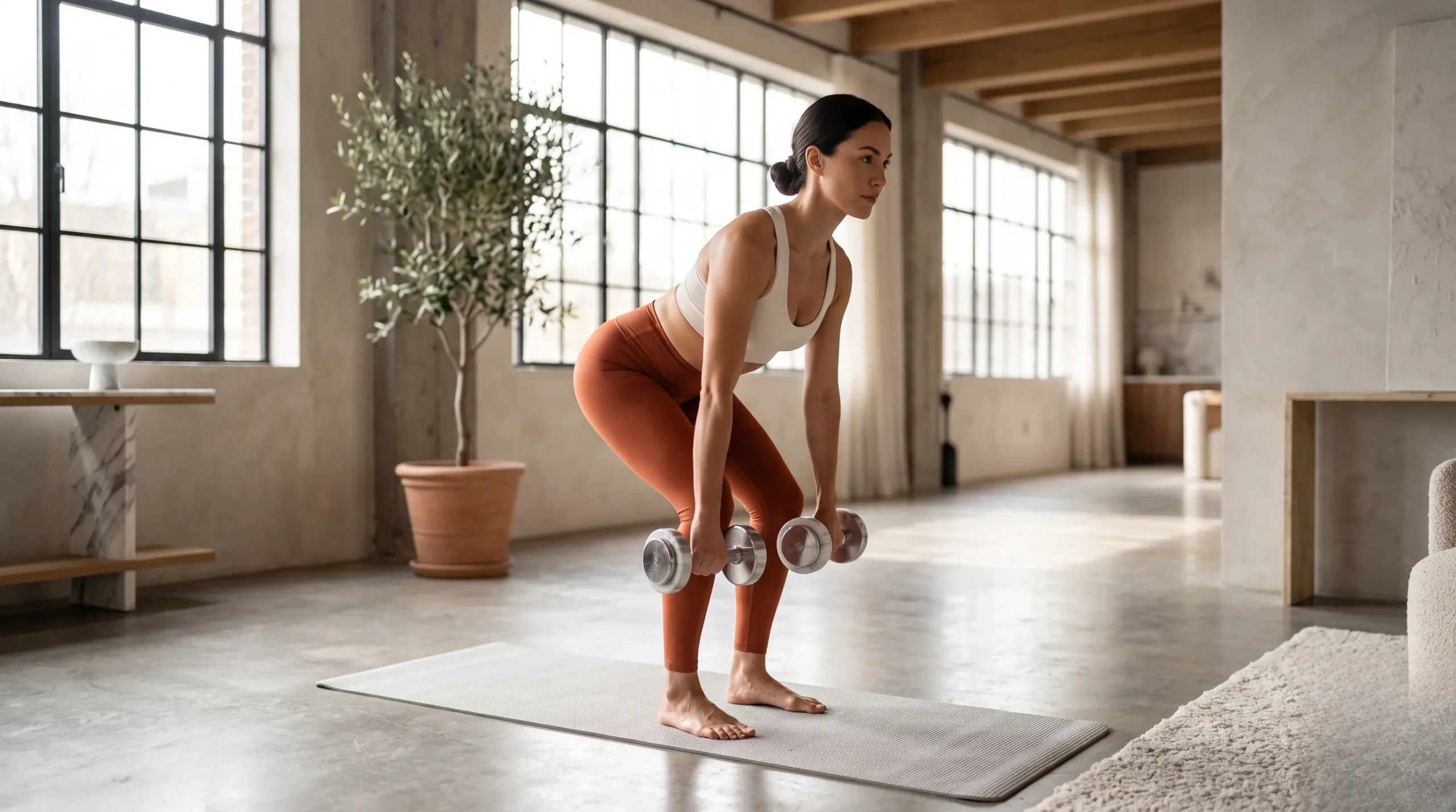 programme musculation 3 fois par semaine : Femme pratiquant un exercice de musculation avec des haltères dans un loft baigné de lumière naturelle