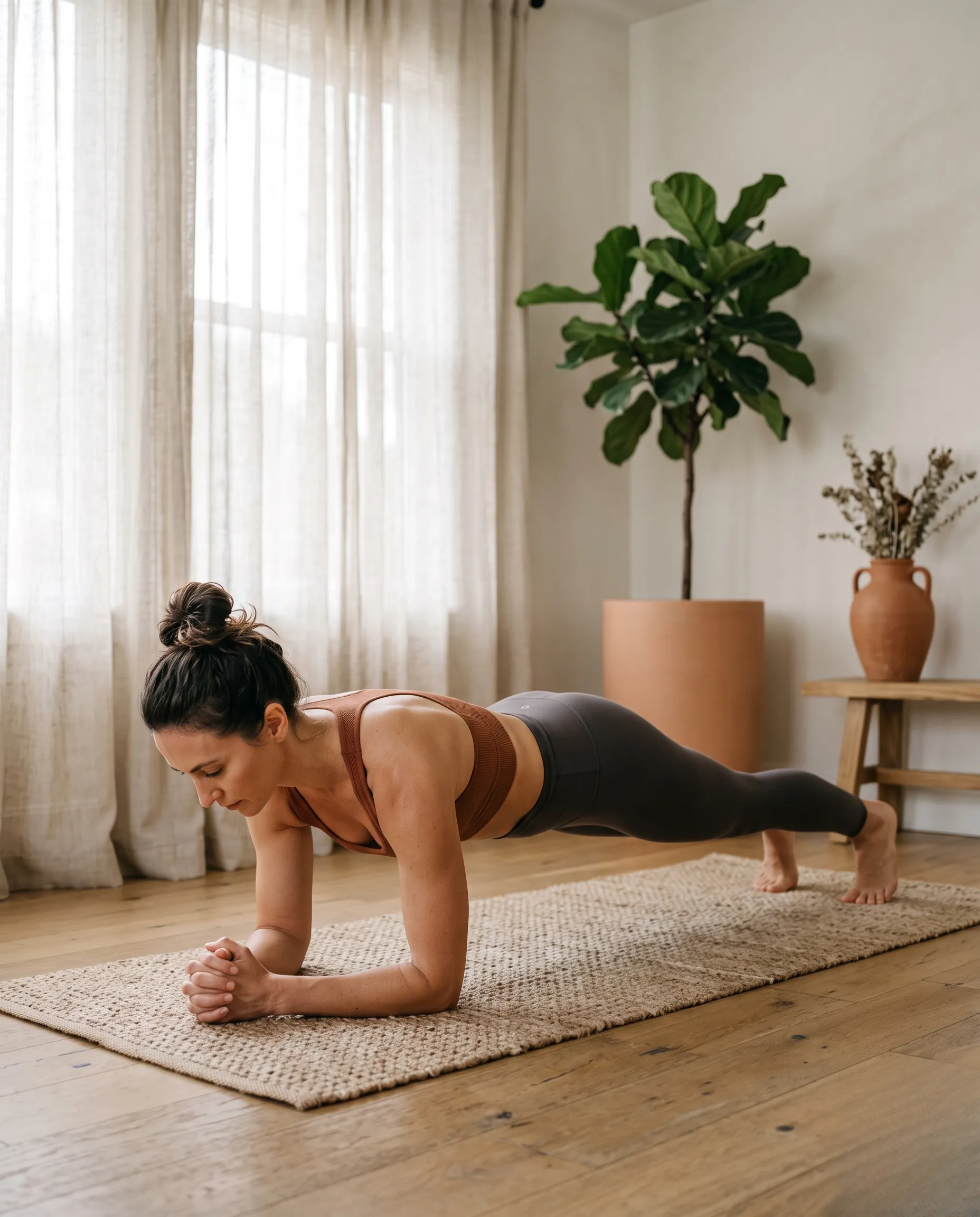 Femme réalisant un exercice de gainage sur un tapis beige dans un intérieur baigné de lumière douce