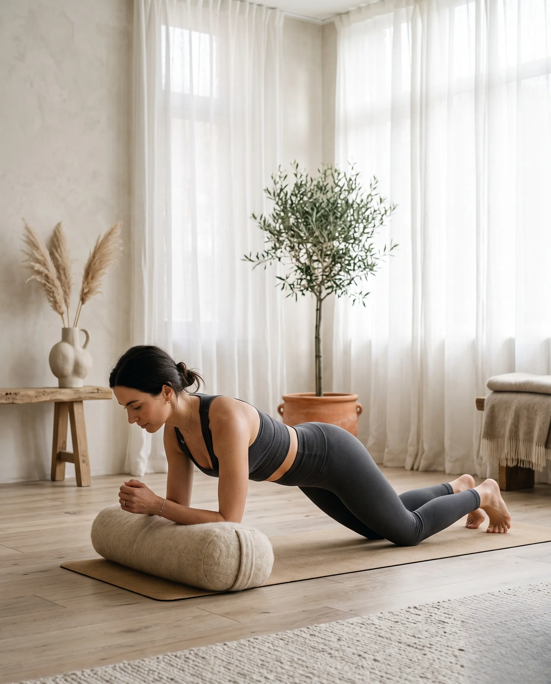 Femme réalisant un gainage adapté sur les genoux avec un coussin en laine dans un espace lumineux.