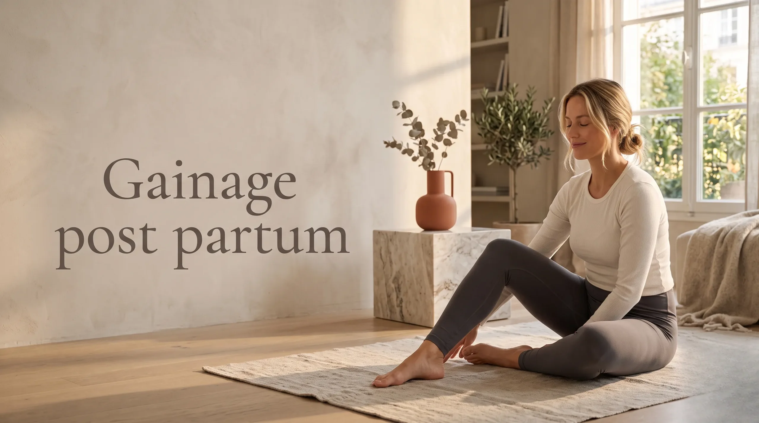 Photographie éditoriale d'une femme pratiquant un gainage post-partum en douceur lors d'une séance de bien-être à la maison.