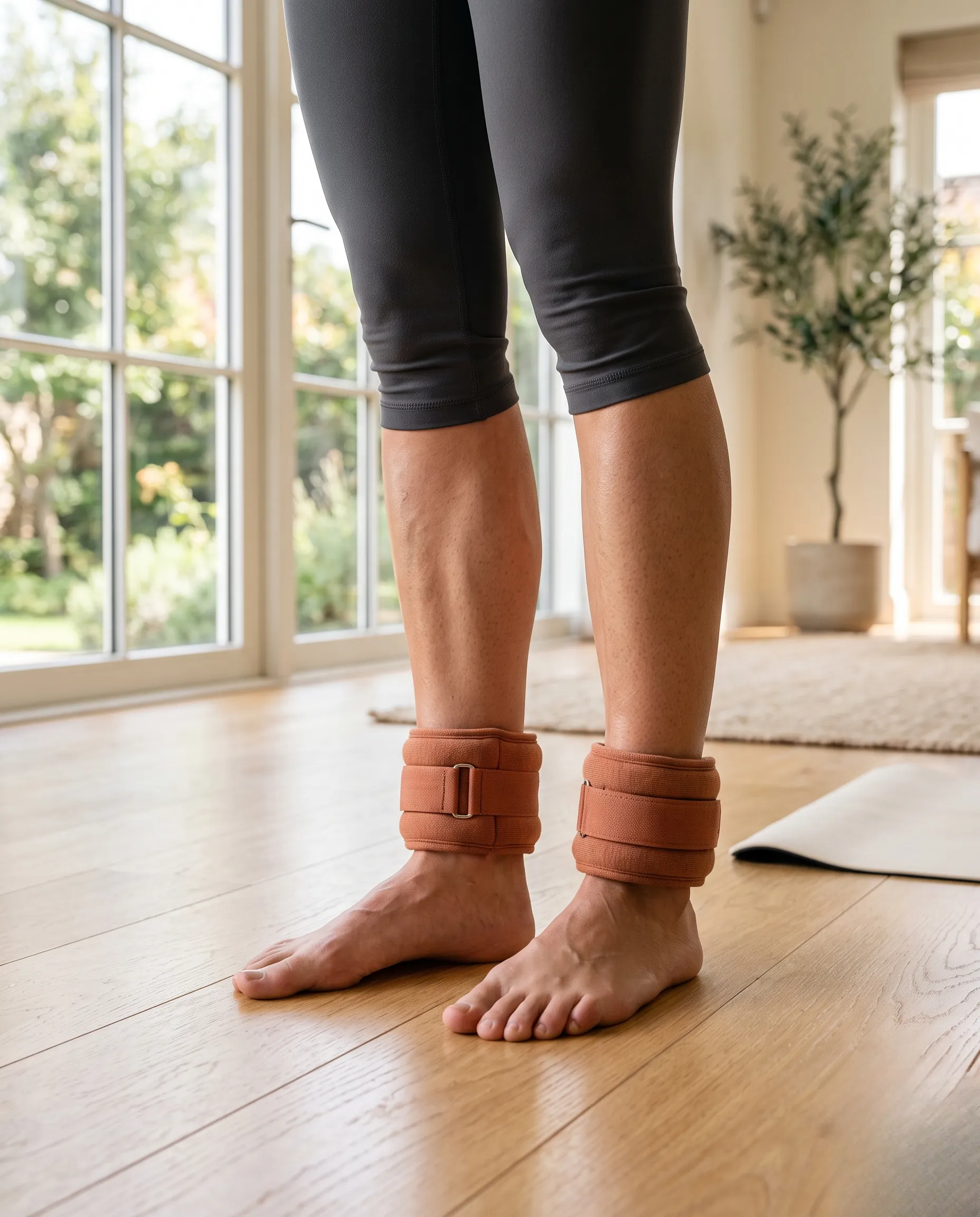 Détail sur les jambes et les lestes de cheville terracotta pour un entraînement de musculation raffiné