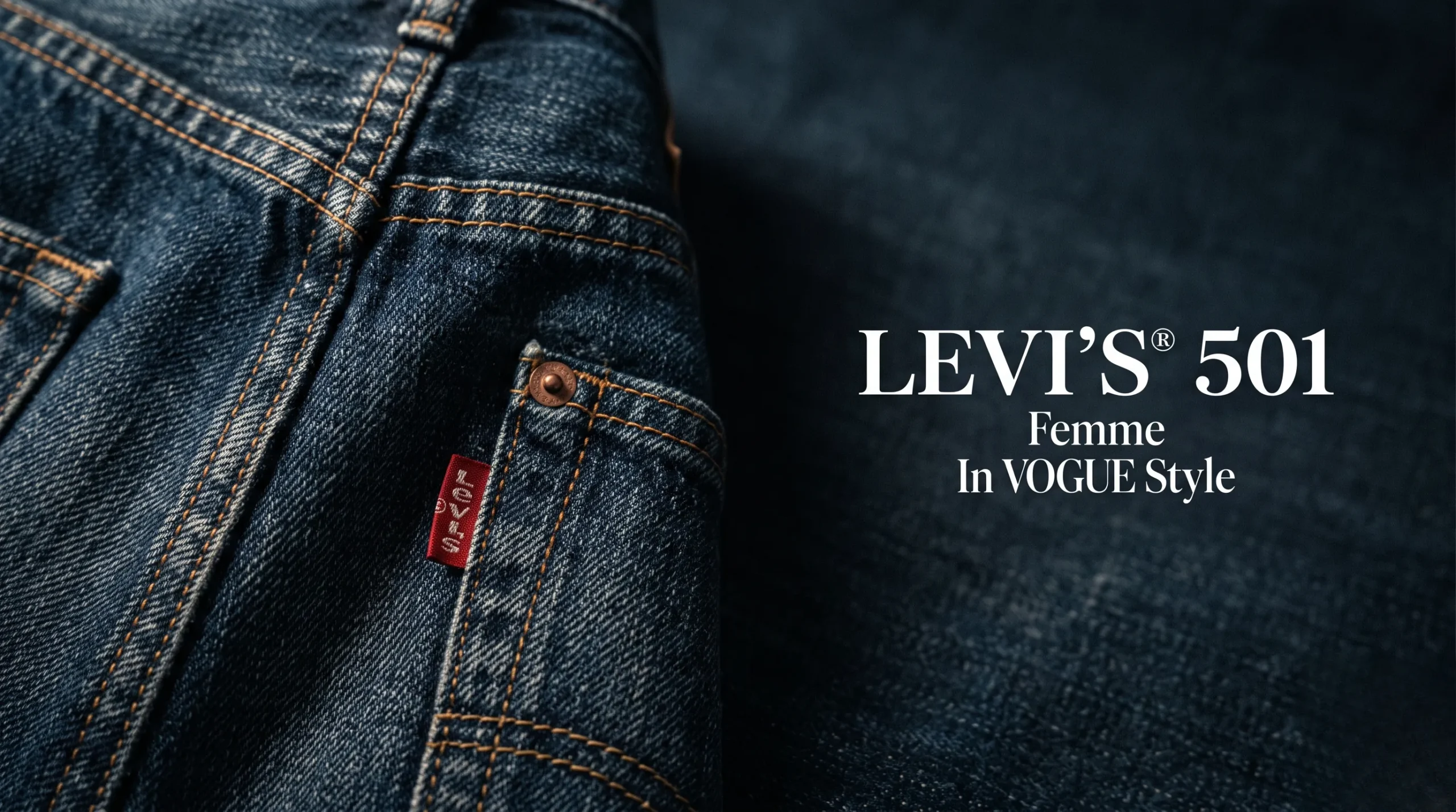 Détail de jeans Levi's 501 avec titre typographié élégamment.