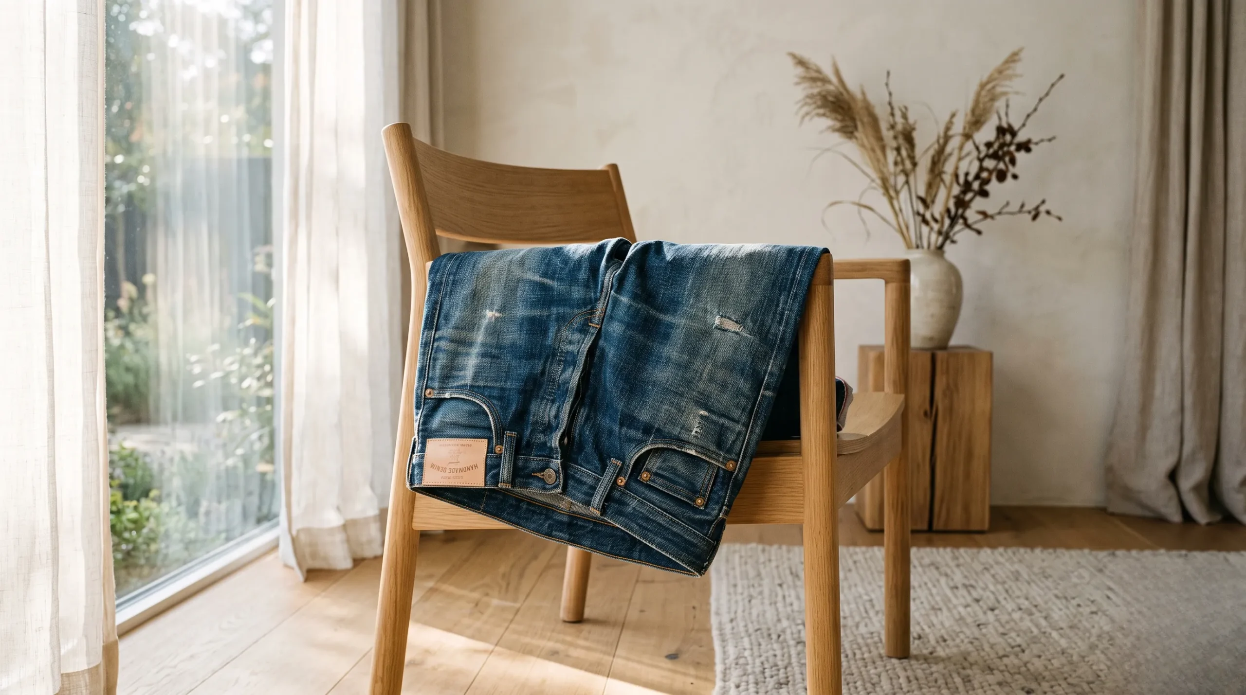Détail de tissu denim Levi's 501 dans une ambiance de luxe serein. Levi's 501 femme