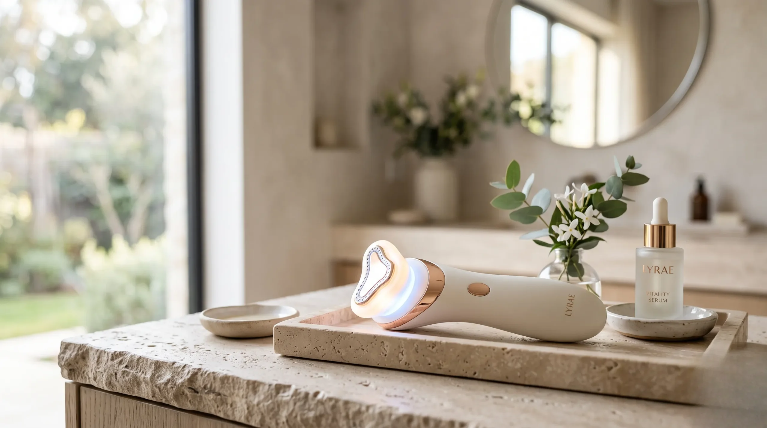 Appareil technologique Lightinderm posé sur une pierre naturelle. Eau précieuse avis dermatologue