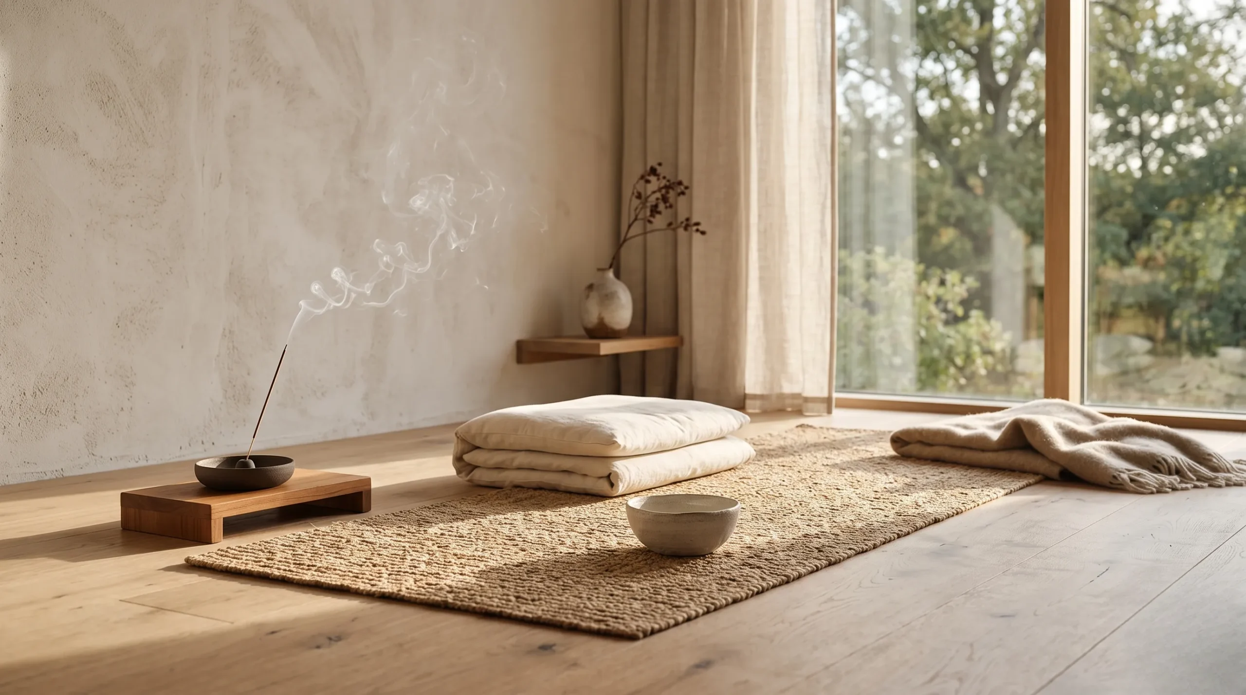 Espace de méditation minimaliste et paisible pour débutant. Méditation débutant