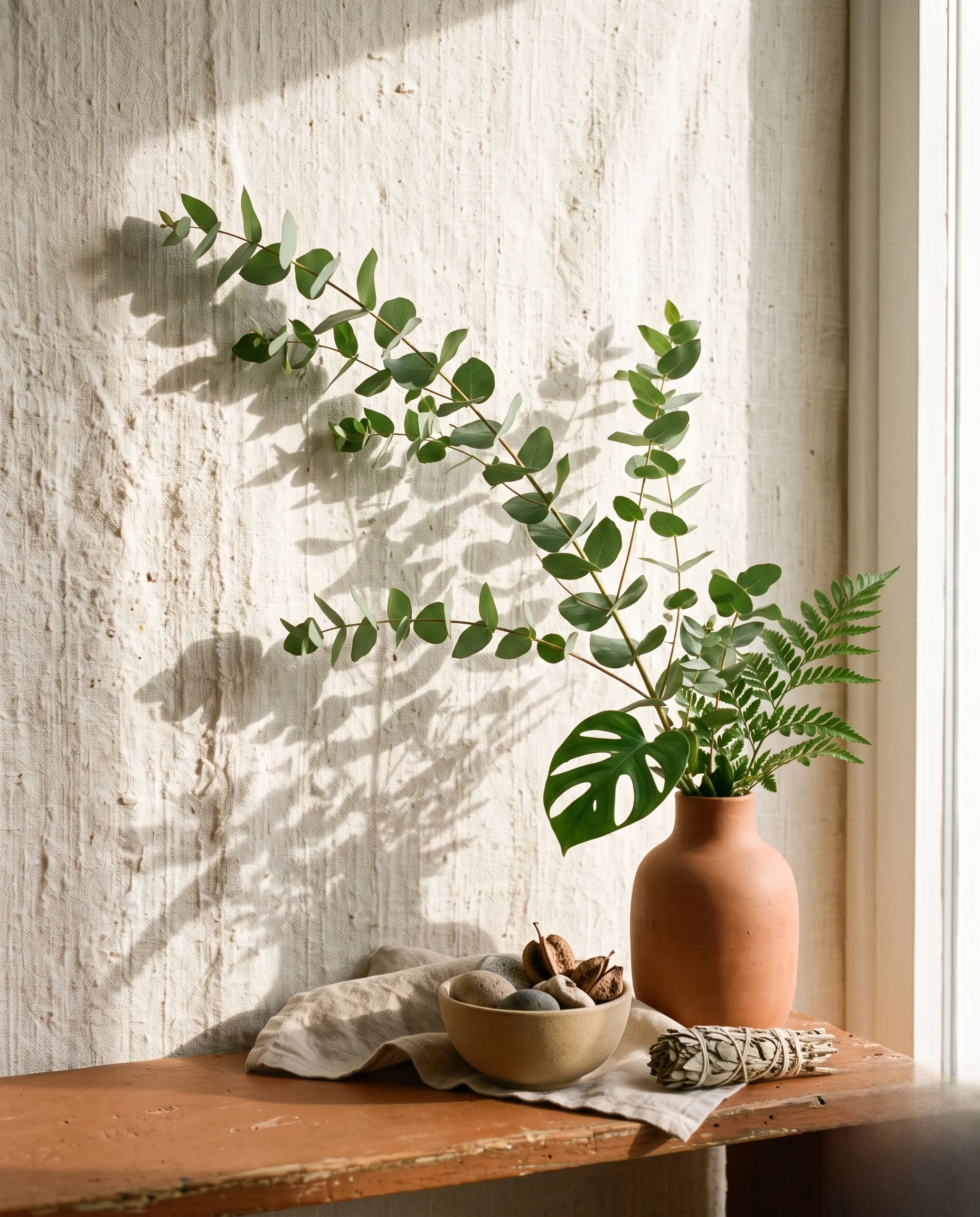 Nature morte épurée avec des feuillets botaniques et des ombres douces sur un mur en lin blanc.