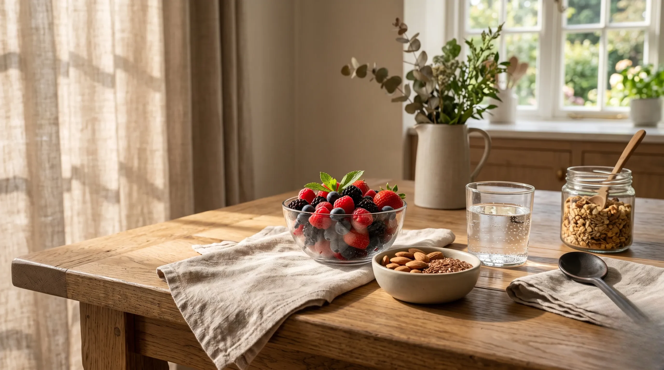 Ingrédients naturels sains disposés sur une table en bois pour illustrer la nutricosmétique. Nutricosmétique
