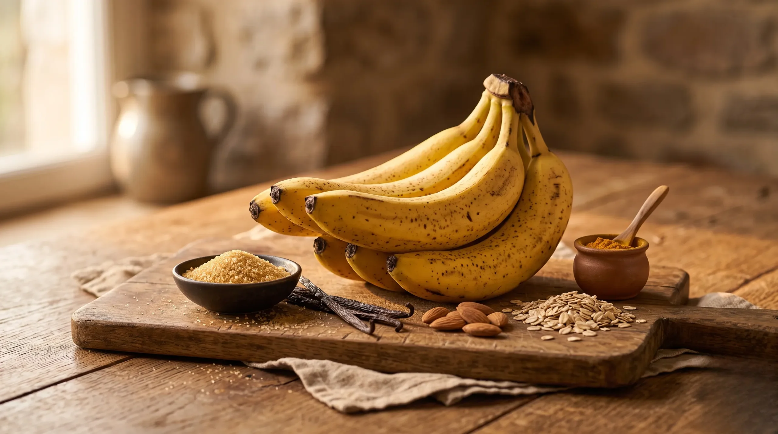 pancake proteine banane : Ingrédients frais et naturels disposés sur une planche en bois pour la recette des pancakes.