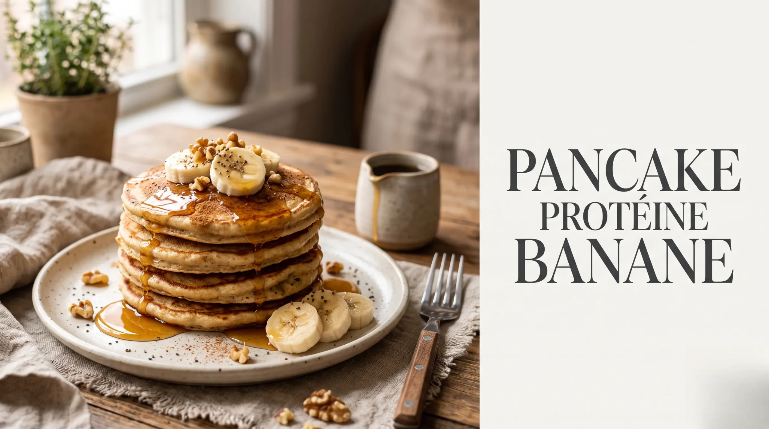 Pancakes protéinés à la banane dorés et nappés de sirop pour un petit-déjeuner sain.