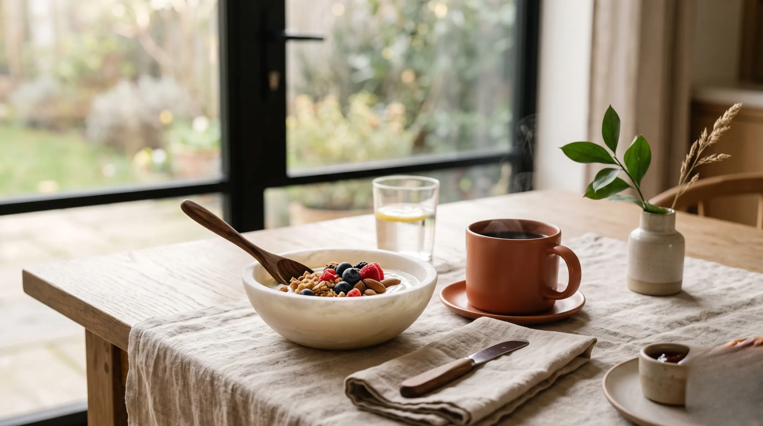 petit déjeuner prise de masse : Illustration intérieure : petit-déjeuner protéiné dans un intérieur lumineux
