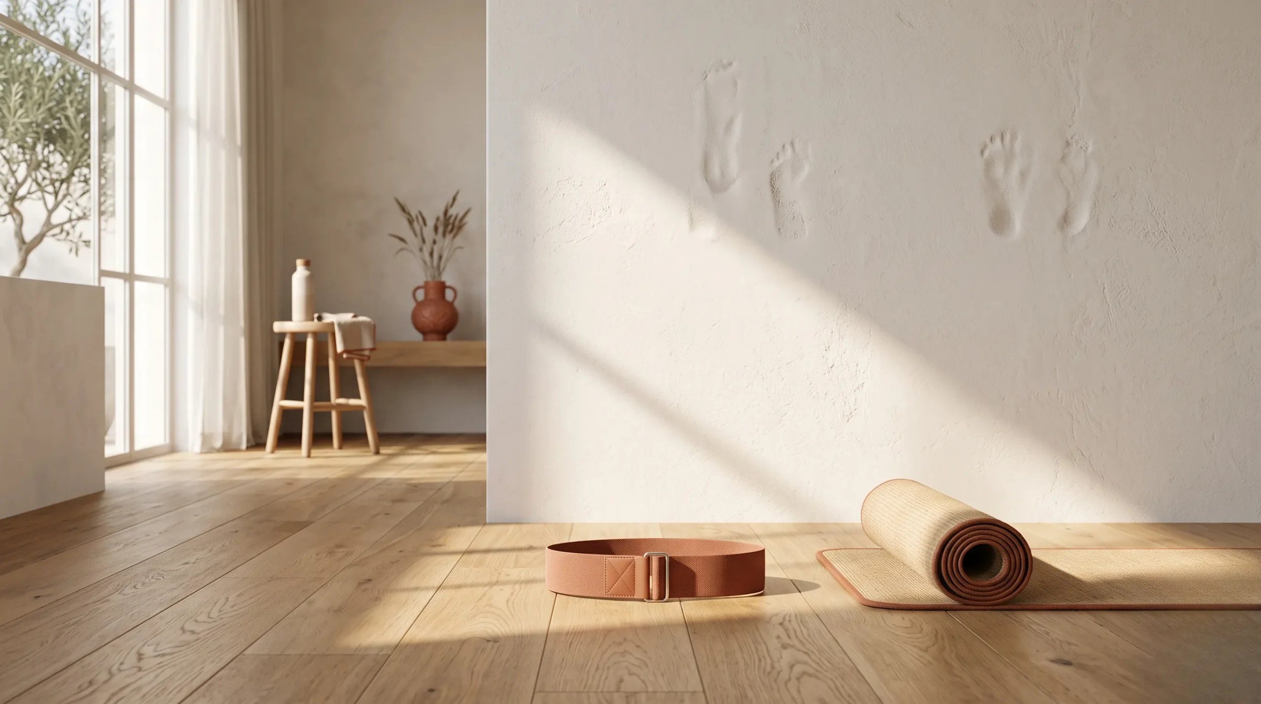Mur texturé et accessoire de pilates dans un intérieur minimaliste baigné de soleil. pilates au mur