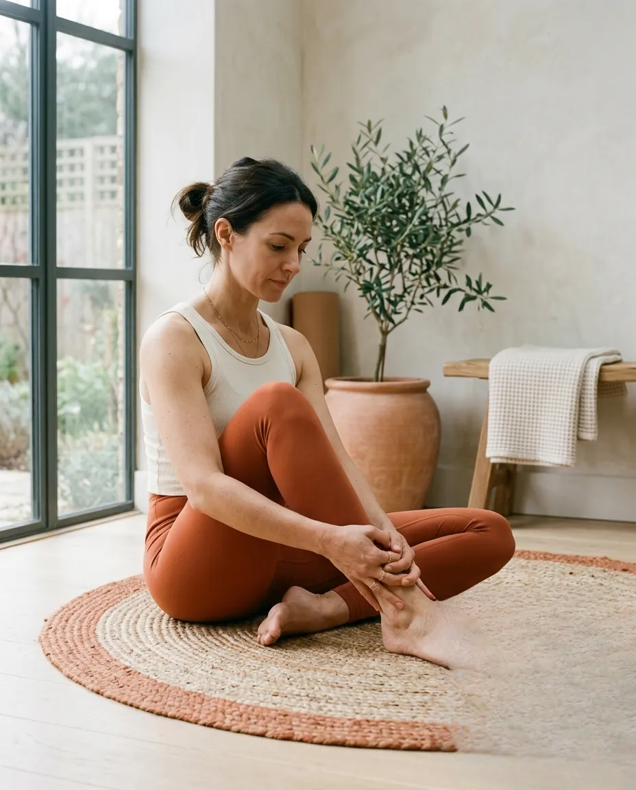 Portrait rapproché d'une femme détendue pratiquant la respiration consciente pendant sa séance de yoga.