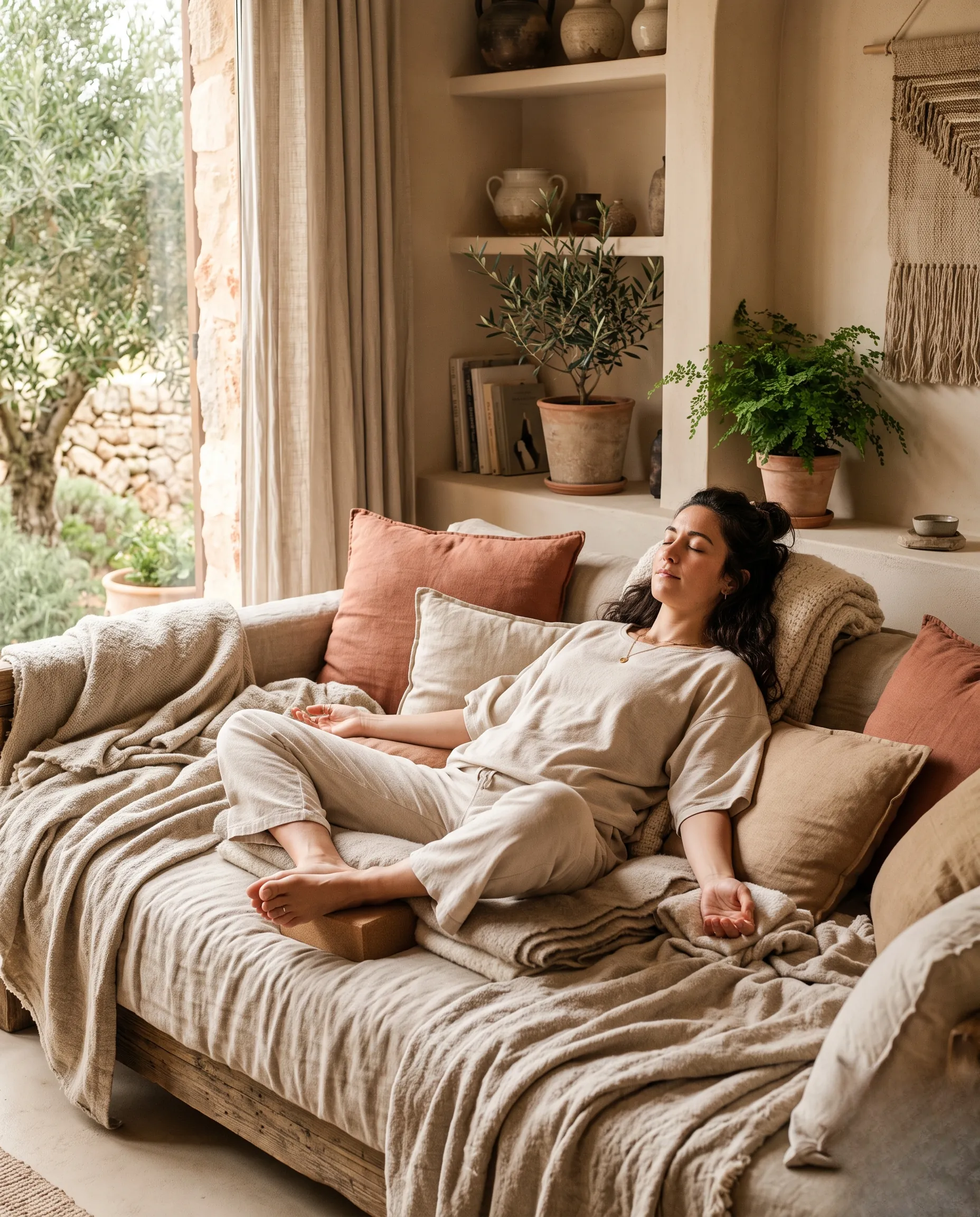 Vue verticale d'une femme pratiquant une posture de yoga réparatrice et allongée sur un lit de repos garni de coussins en lin.