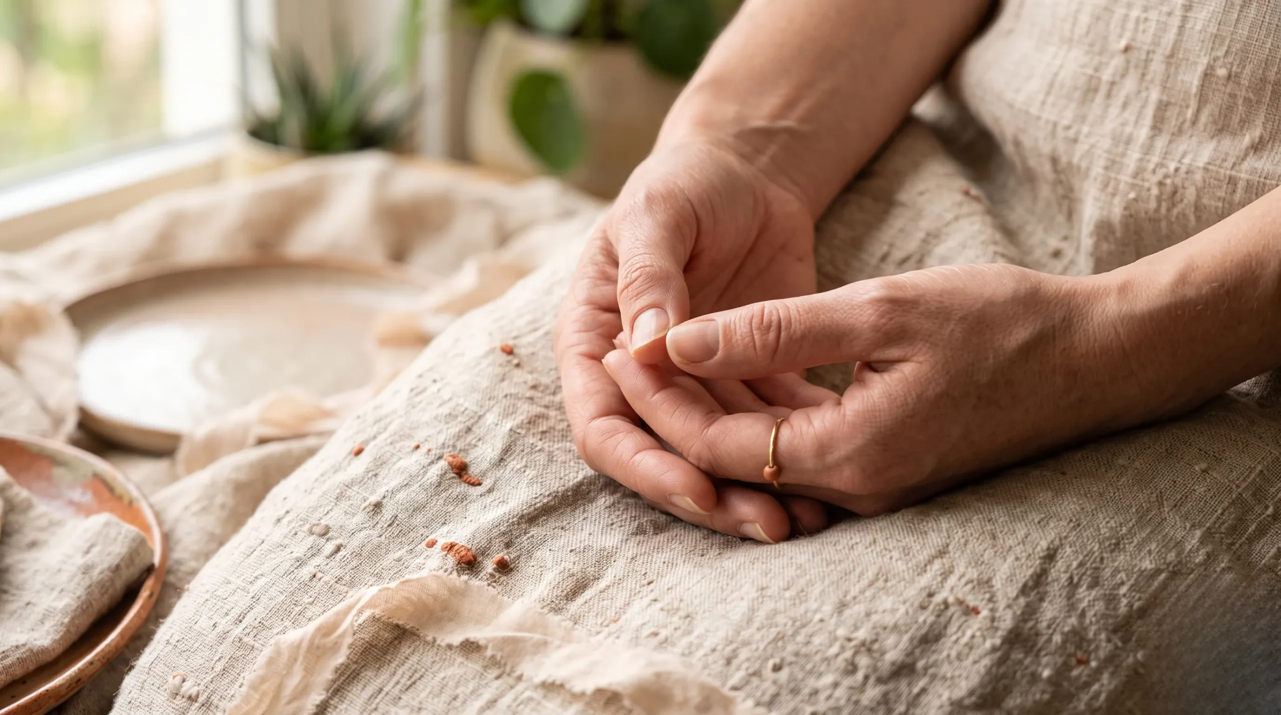posture yoga : Gros plan macro sur les mains d'une femme en position de mudra méditative sur un tissu en lin naturel pour le rituel de yoga.