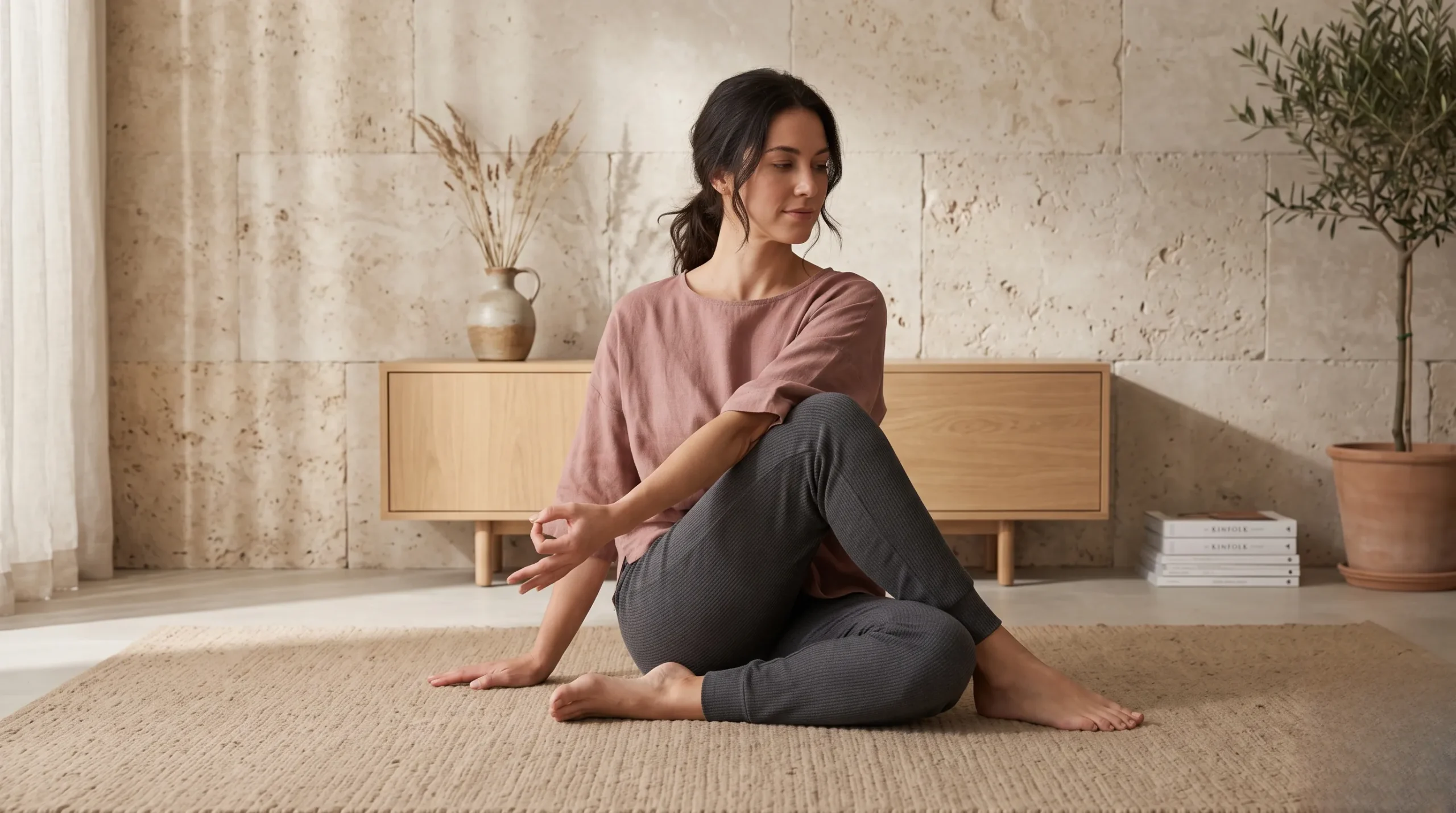 Femme assise en torsion méditative de yoga sur un tapis en coton bio couleur sable, dans un intérieur minimaliste aux murs en travertin.