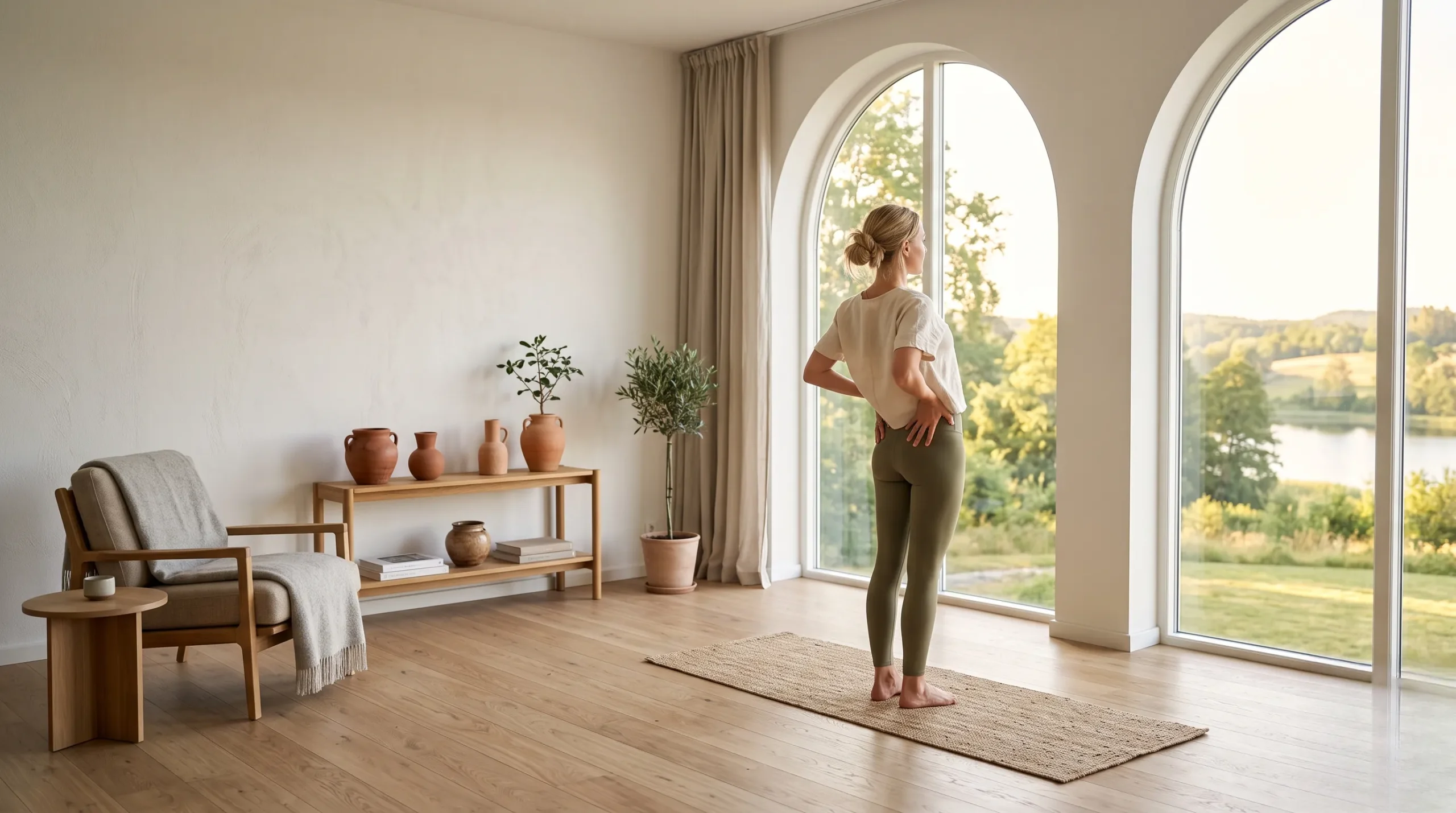 Vue large d'un salon lumineux de style scandinave où une femme réalise une posture d'étirement de yoga face à de grandes fenêtres.