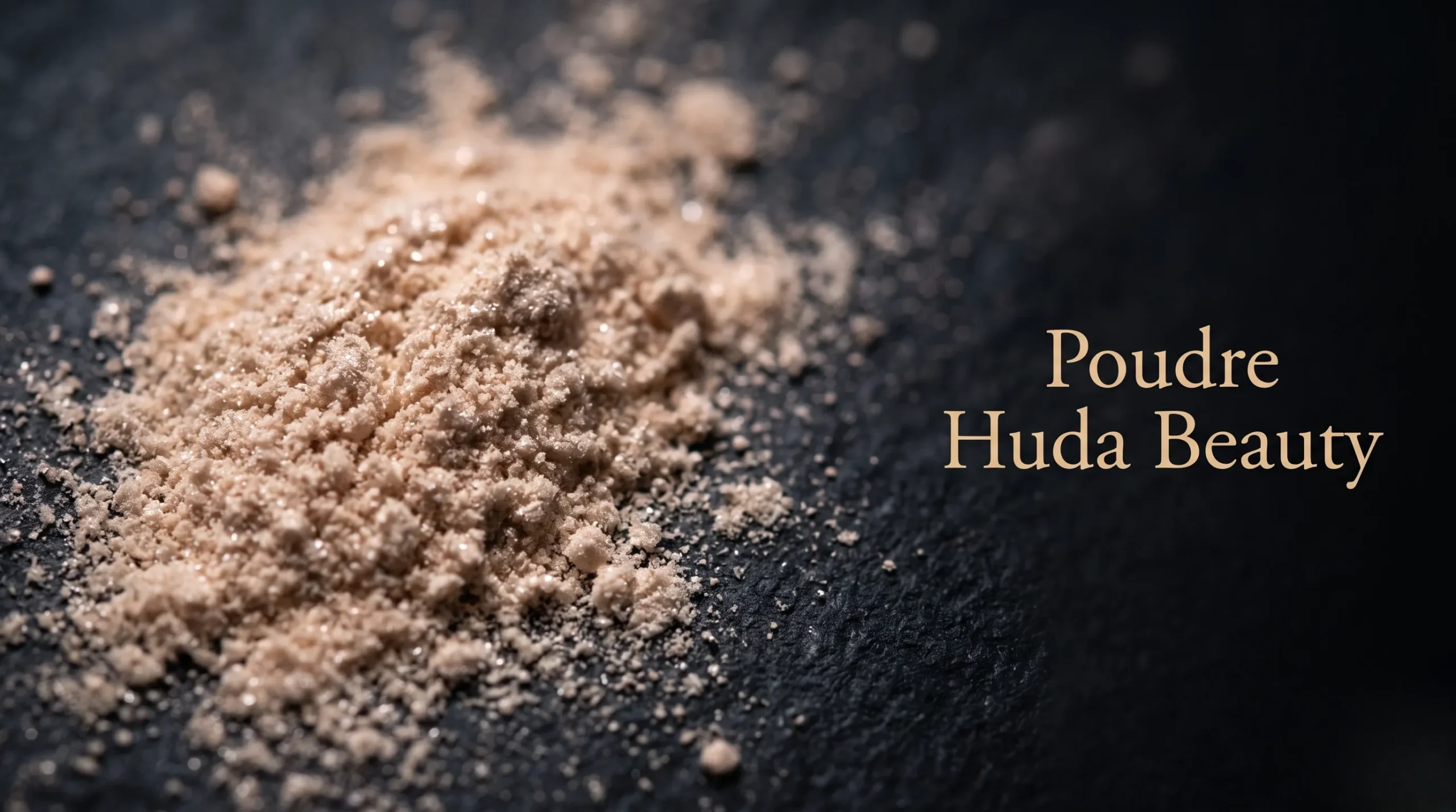 Gros plan sur la poudre Huda Beauty avec texte éditorial.