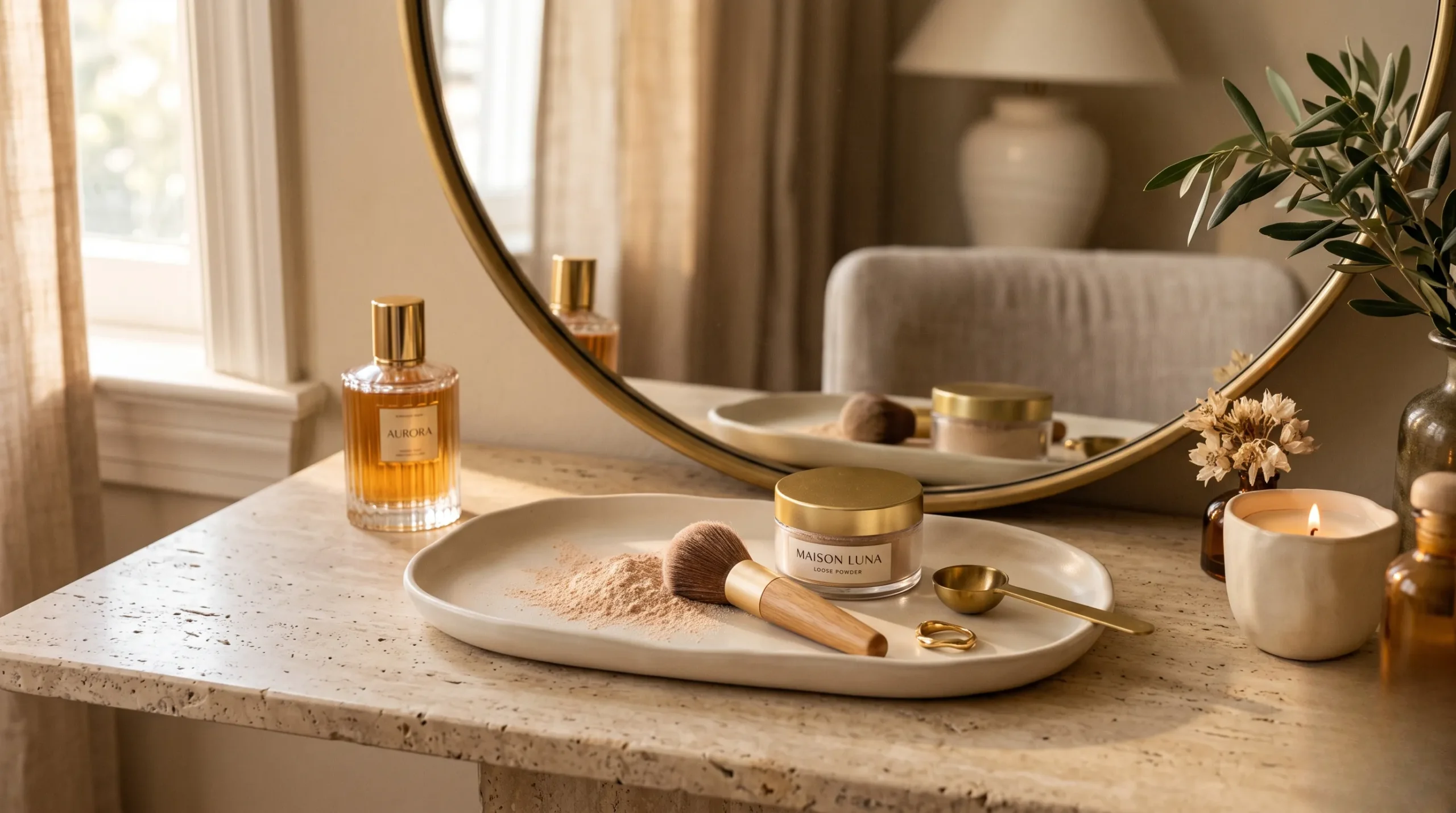Poudre de maquillage luxueuse mise en scène sur un plateau minimaliste. Poudre huda beauty