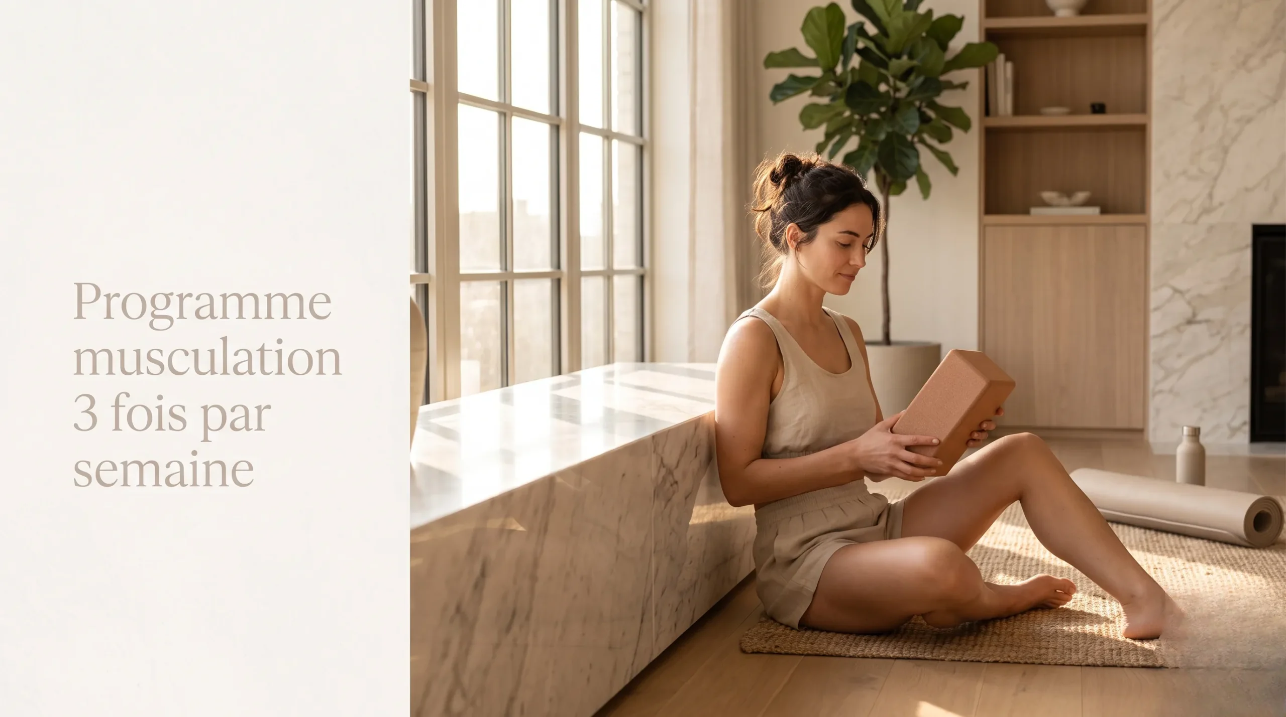 Femme athlétique dans un intérieur minimaliste Quiet Luxury illustrant le programme de musculation 3 fois par semaine