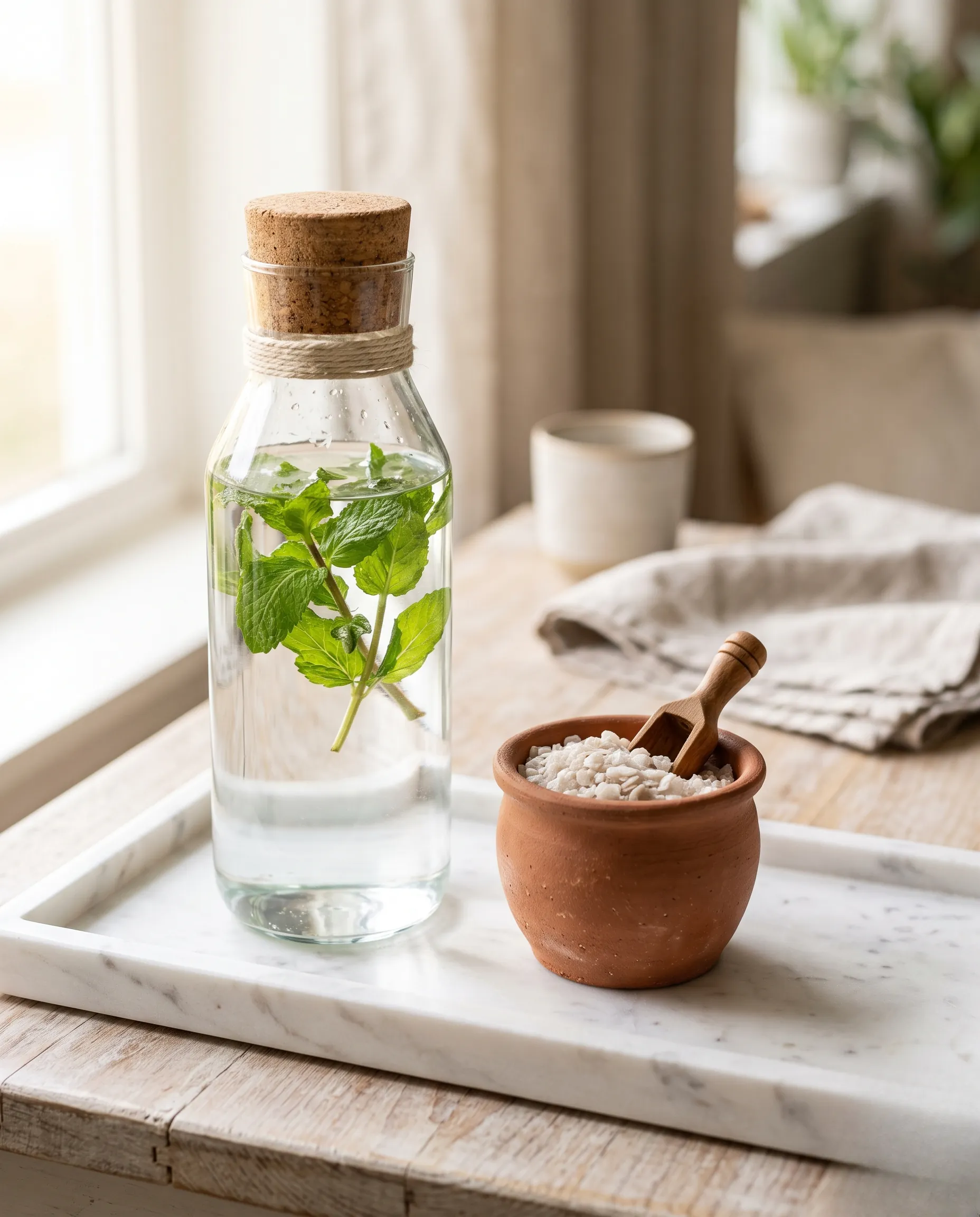 Produits de récupération naturelle et eau fraîche disposés sur un plateau en marbre pour le bien-être à la maison