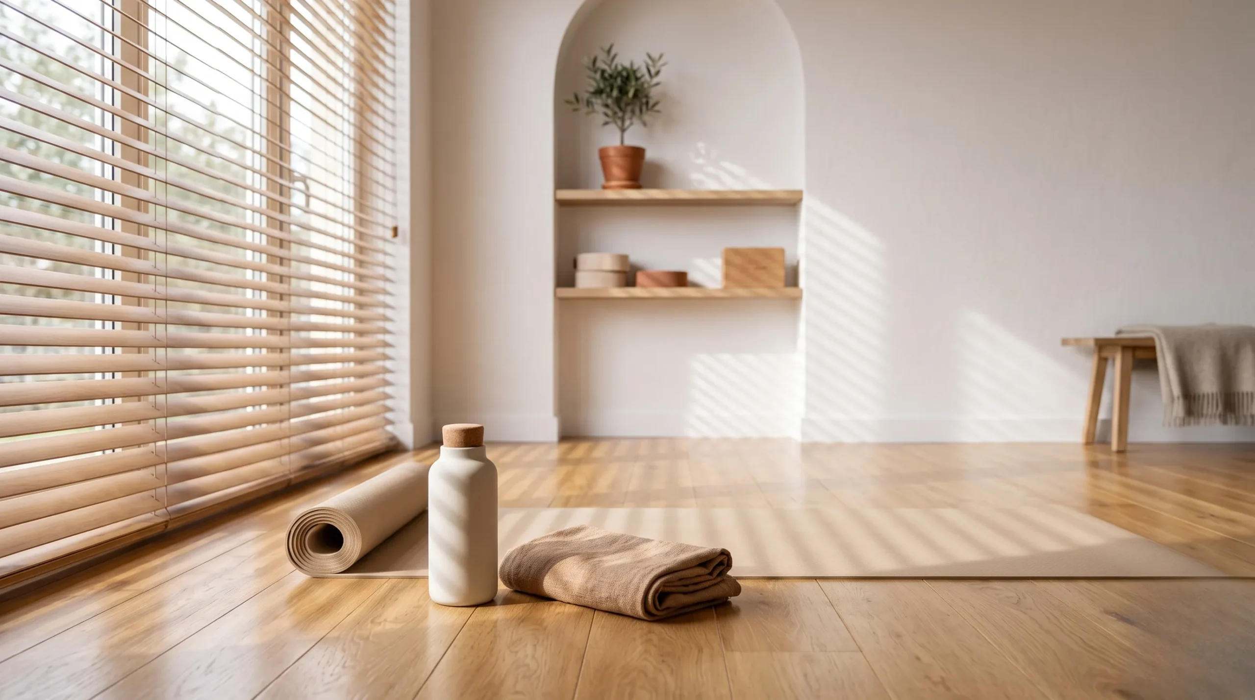 Espace de renforcement musculaire minimaliste et lumineux à la maison.