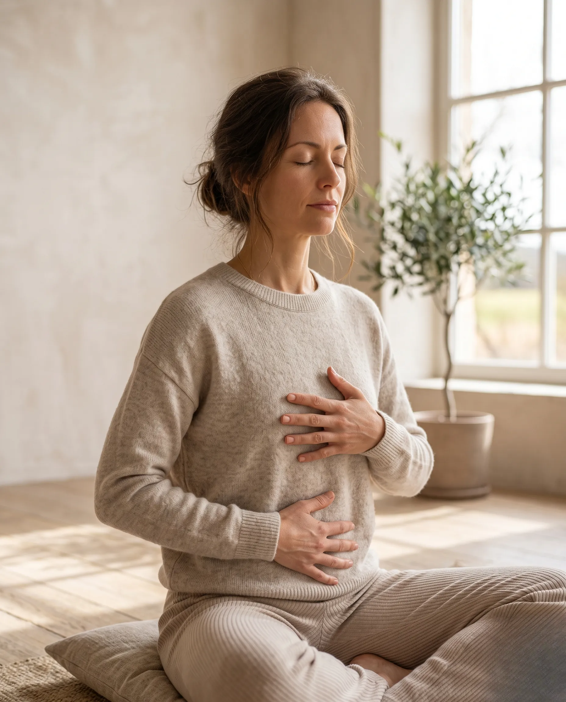 Jeune femme pratiquant une respiration consciente et un gainage abdominal post-partiel en douceur dans un intérieur lumineux.