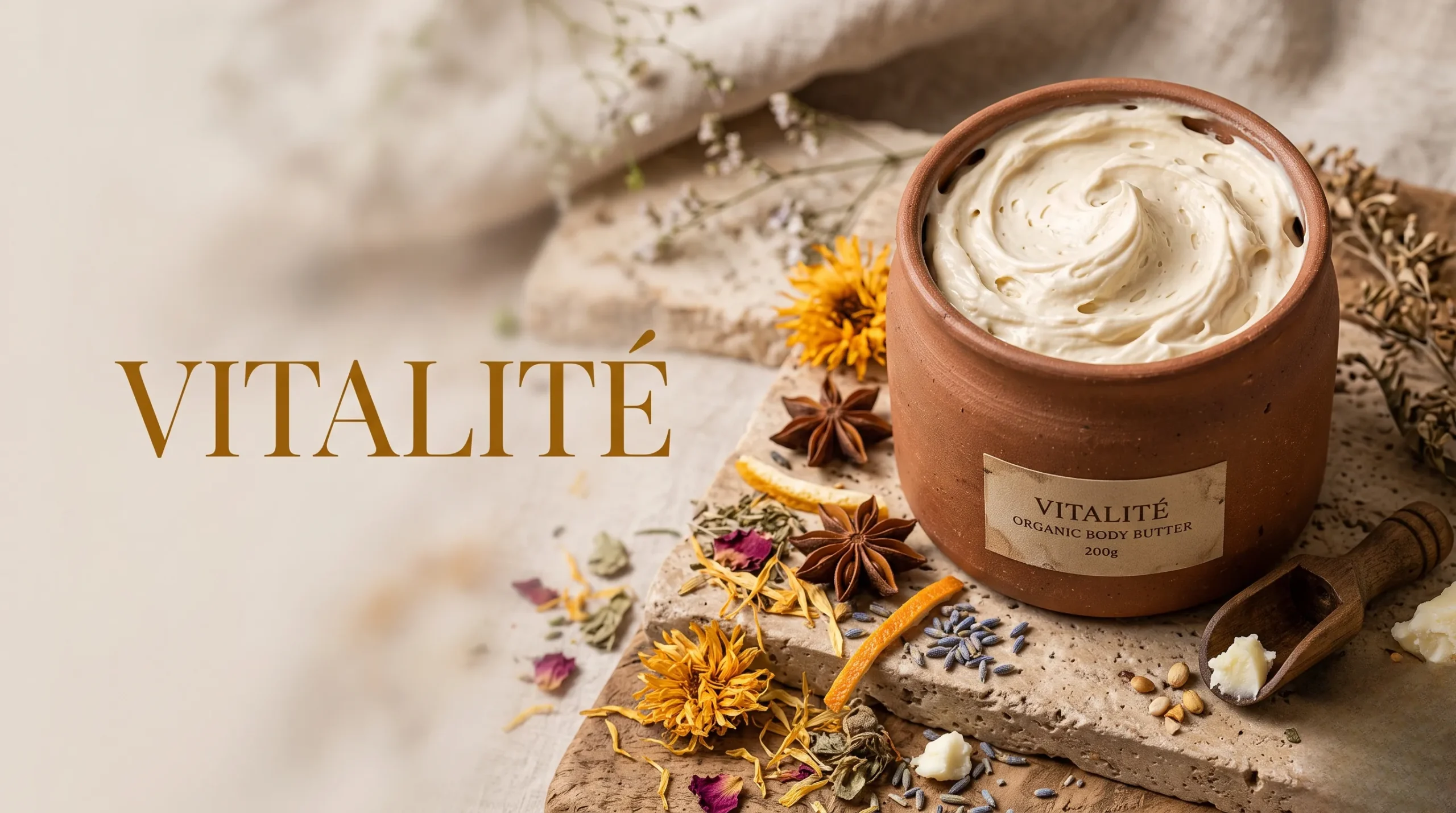 Texture de beurre corporel fouetté dans un pot en céramique avec espace pour le titre.