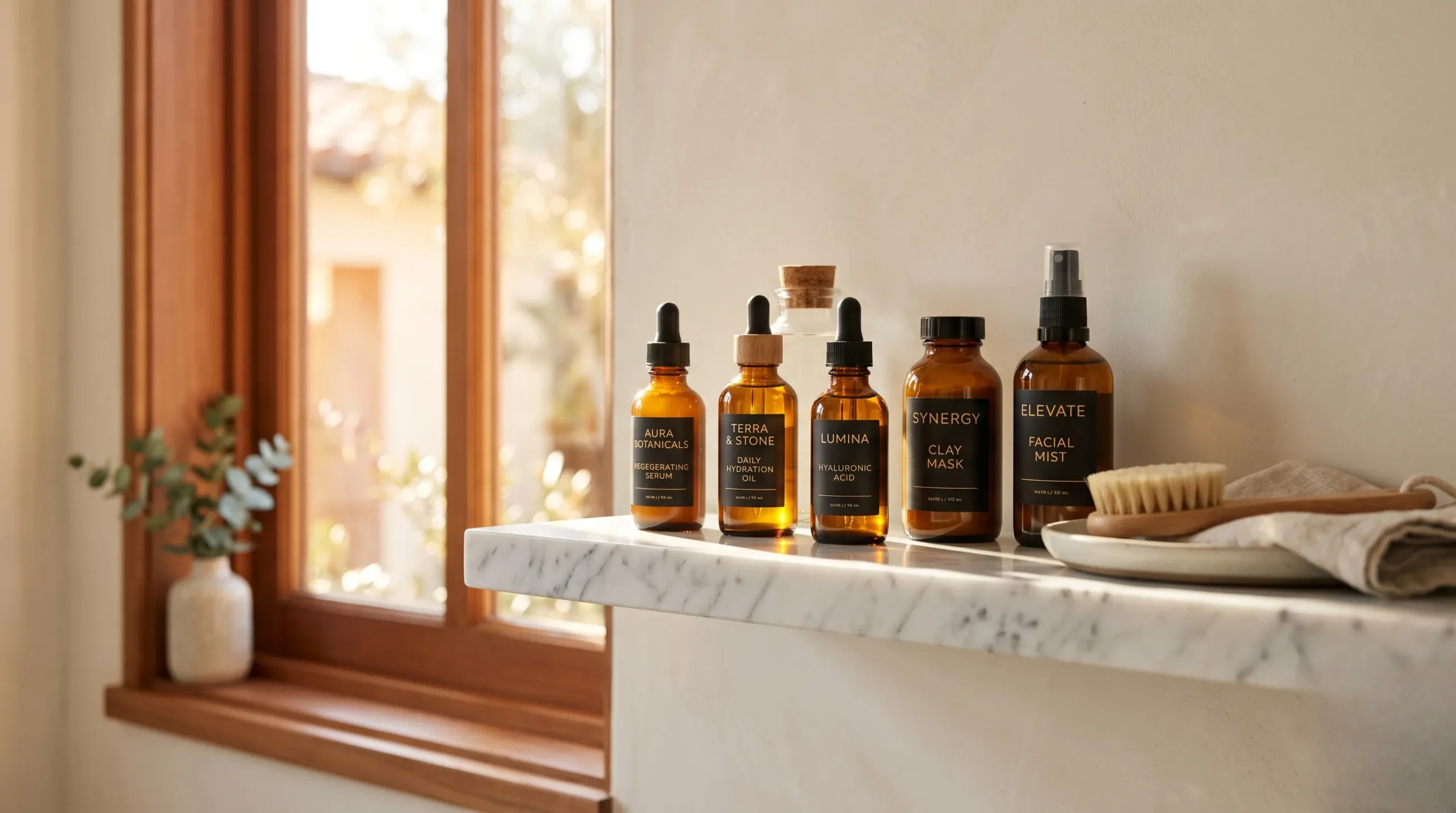Produits de soin minimalistes sur un comptoir en marbre avec éclairage naturel pour une routine skincare parfaite. Routine skincare