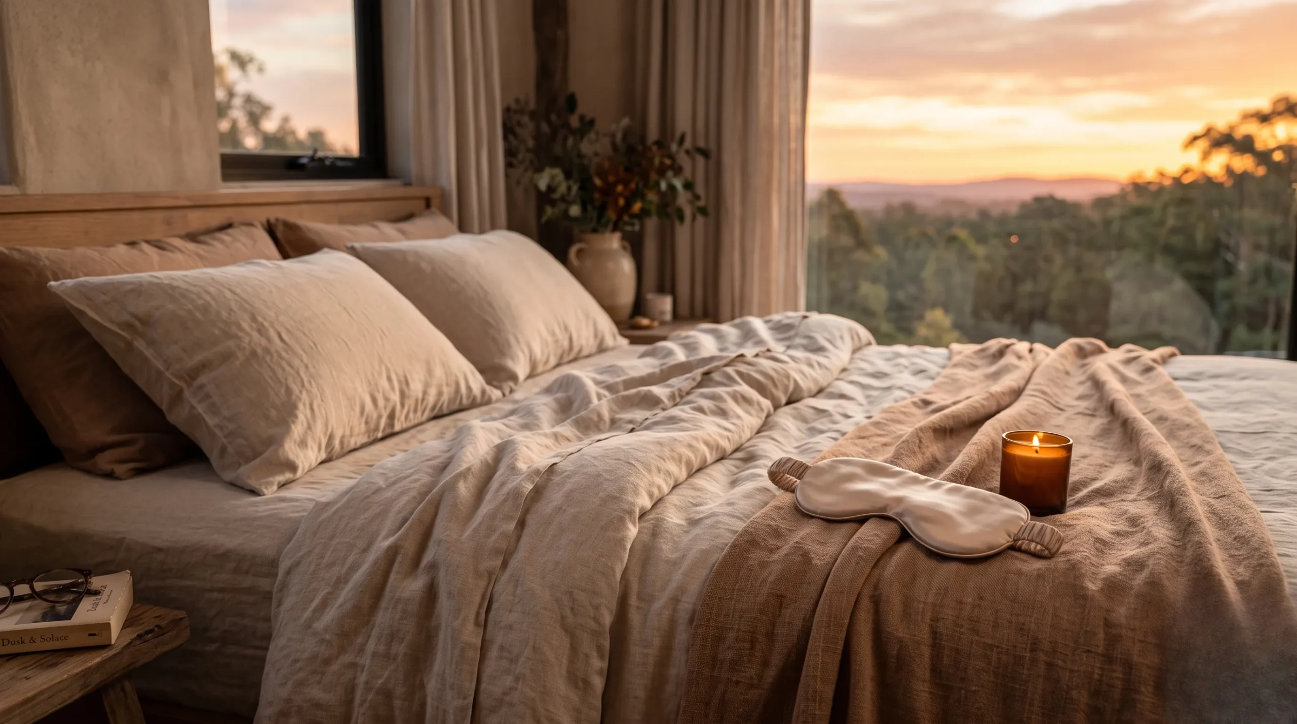 Atmosphère paisible dans une chambre pour illustrer la routine du soir et une peau éclatante. Routine du soir