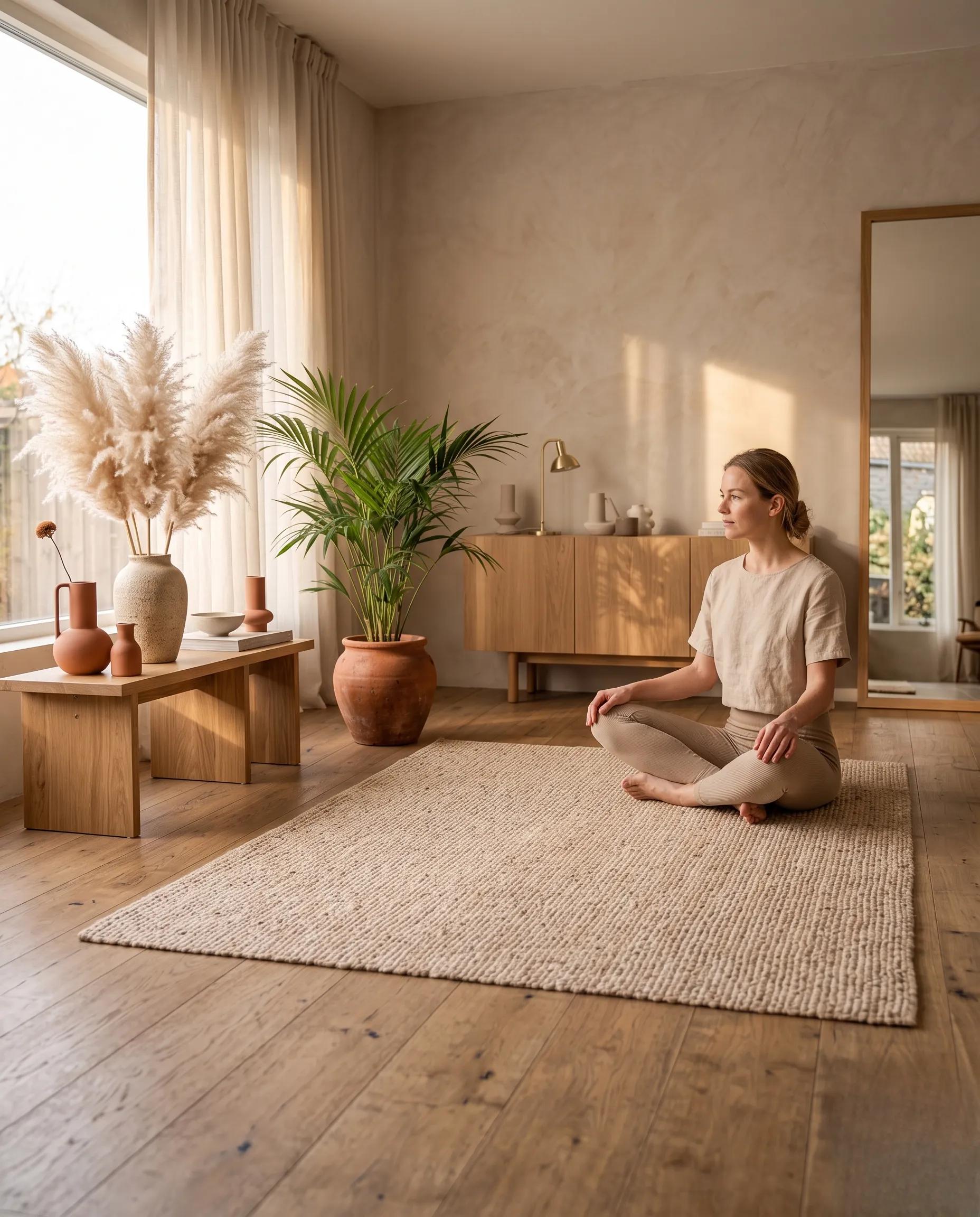 Vue d'ensemble d'un salon minimaliste et lumineux préparé pour une séance de remise en forme post-natale.