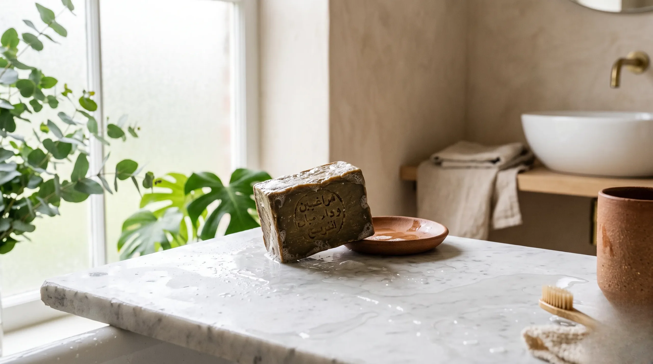Savon d'Alep authentique sur un support en marbre, ambiance spa naturel. Savon d'alep avis dermatologue