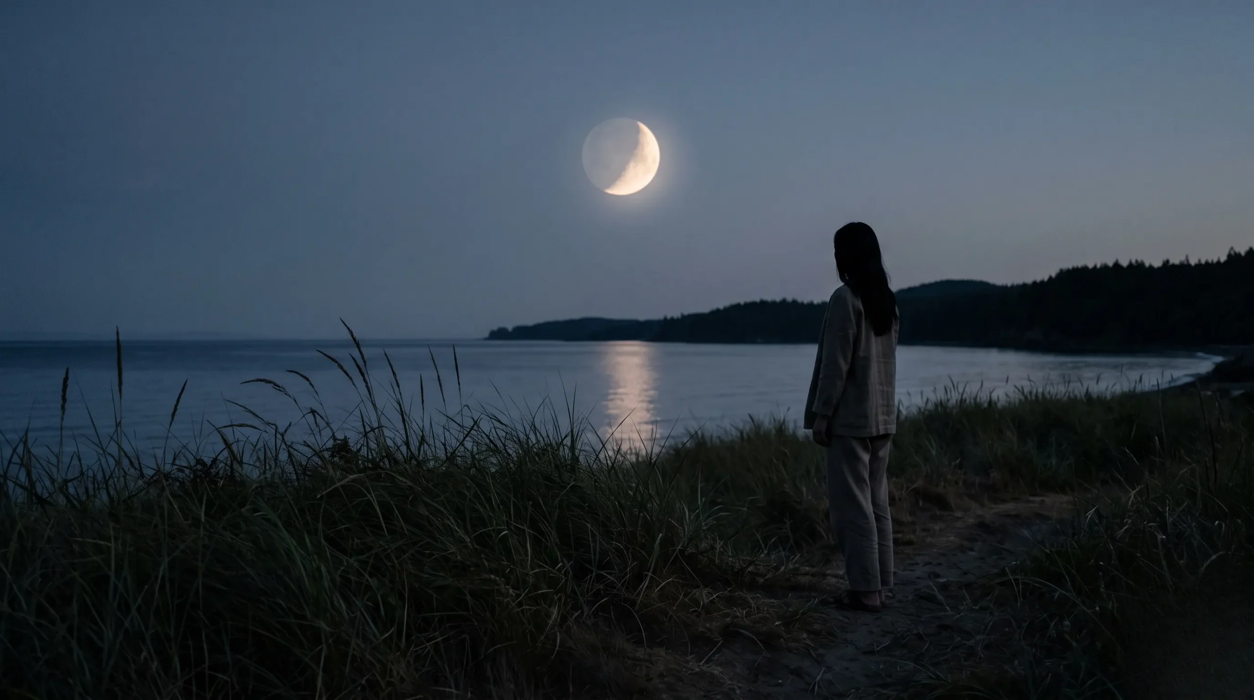 Silhouette féminine sous un clair de lune pour une ambiance rituel capillaire. Se couper les cheveux avec la lune 2026