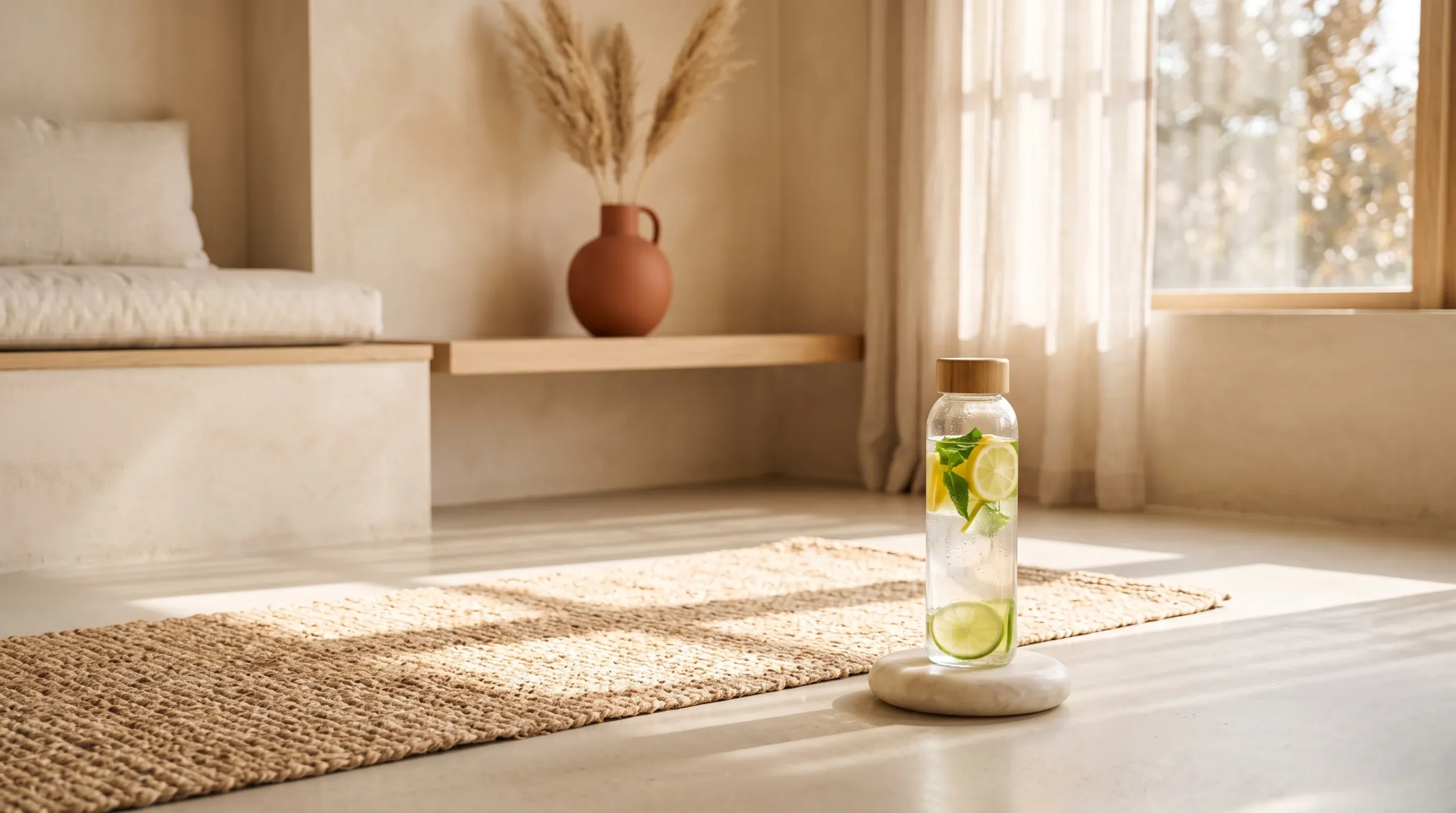 Espace de sport minimaliste à la maison baigné de lumière naturelle et de tons neutres.